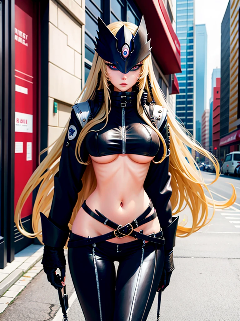 Masterpiece, Best quality, Beautiful detailed eyes,, 1girl, Single, long hair, Looking at the viewer, Big breasts, gloves, long sleeves, Navel, Standing, Jacket, Side locks, Cowboy shot, open clothing, black , Diaphragm, belt, pants, city, street,