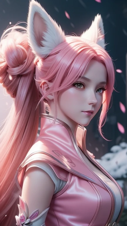 Nine snow-white fox tails (1.0), milky fox tail (1.0), fox close-up of nine tails, nine-tails, nine-tails, anime girl with pink hair and pink dress with flowers on her hair, very beautiful anime fox girl, beautiful anime fox girl, beautiful fantasy anime, guweiz, anime girl with fox ears, beautiful anime girl, very beautiful and cute fox girl, pink flower rain, background blur, anime style 4 K, anime fantasy artwork, 4k anime wallpaper, Artwork in the Guvez style
