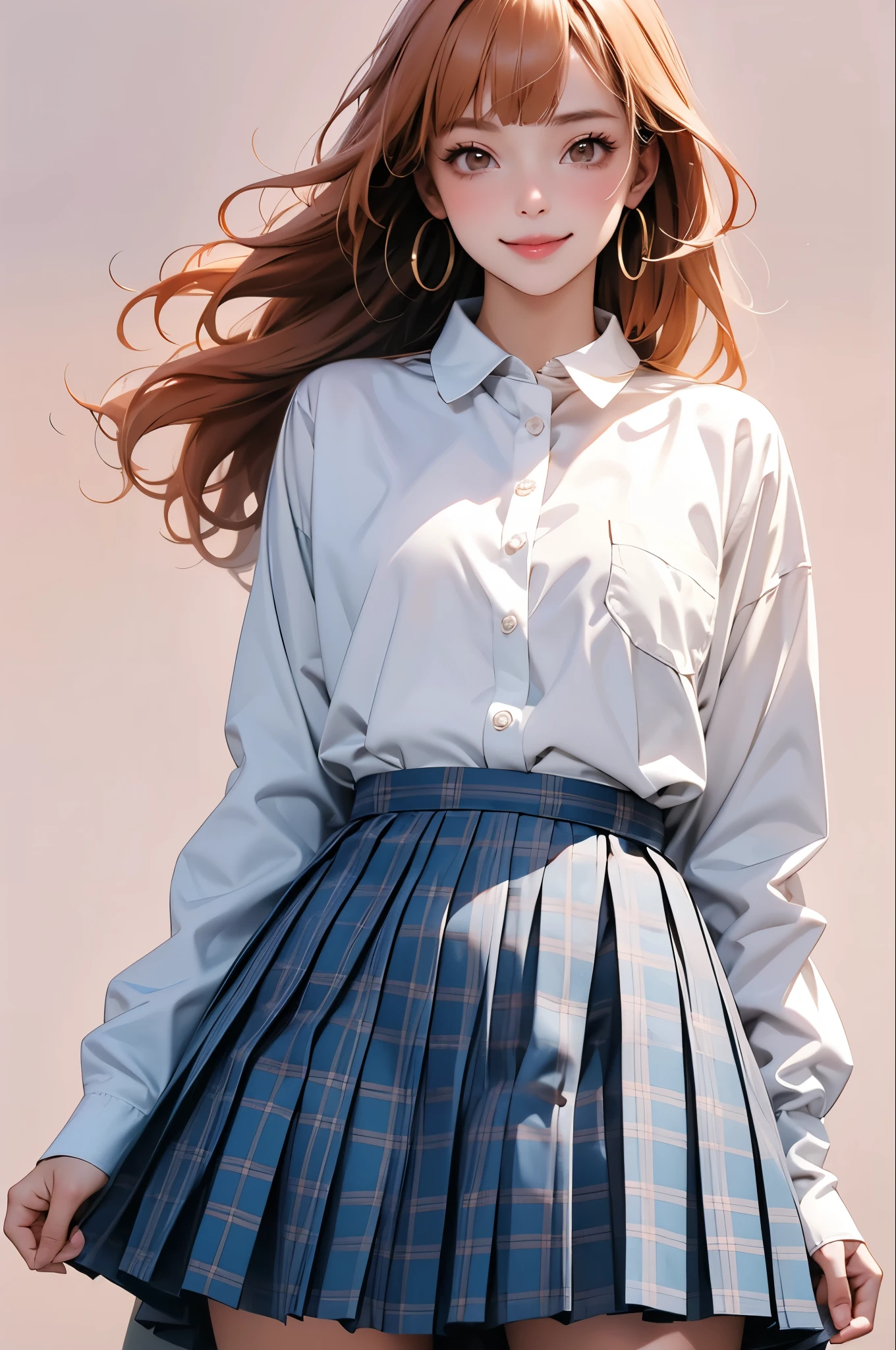 high resolution,smile,happy,light smile,woman,woman1人,adult,Clear,cute, Orange Hair,BREAK, Light brown eyes,BREAK,wavy hair,long hair,blunt bangs,BREAK, high school girl,uniform,White Y-shirt,Long sleeve Y-shirt,BREAK, Dark blue plaid skirt,Pleated skirt,BREAK, hairpin, Facing forward,BREAK,Pink background,