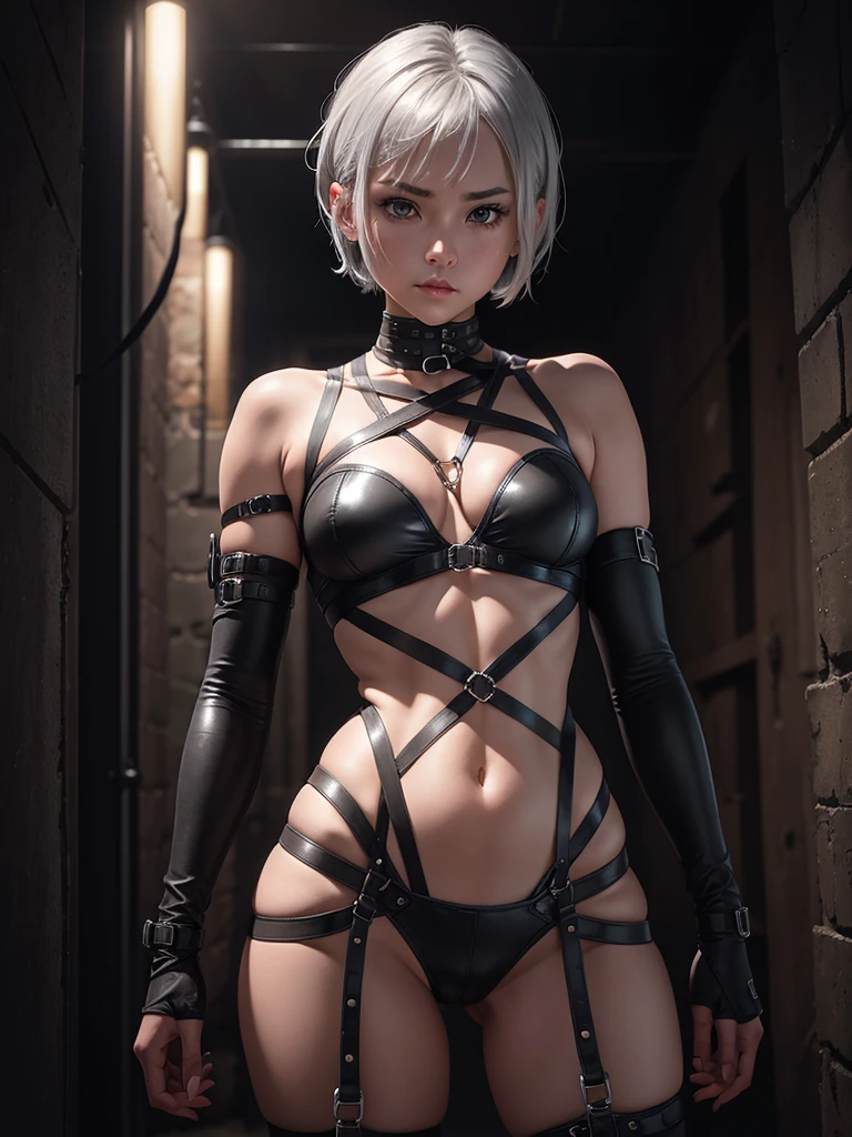 A girl with short silver hair wearing bondage gear is standing in a dimly lit dungeon.。She is holding a whip。Her skin is dark。The girl&#39;s face is very beautiful、Thin and delicate eyebrows、Has bulging eyes、Composition looking up at the girl、The girl poses with one leg raised。Trenca