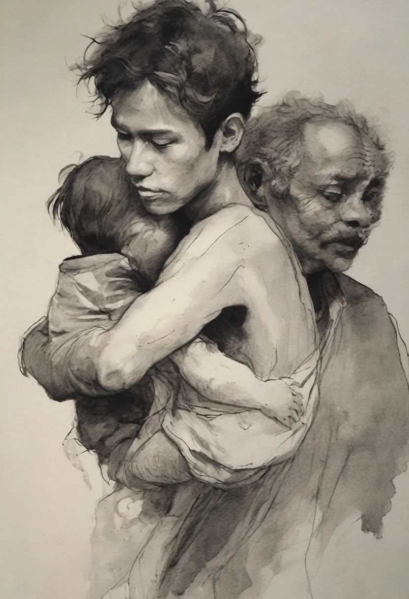 (highest quallity, high resolution, work of art:1.2), very detailled, real:1.37, black ink drawing, smooth lines, Facial expressions and expressive gestures, simple background, emphasize light and shadow and spatial perception, lots of negative space, young woman.ink portrait,smooth lines,sharp looking eyes、vulva、subtle emotions,An elegant look,Paint resistance comparison,simple background,emphasize light and shadow,long々ero,lots of negative space,delicate details, but fascinating,pastel colored,Calm and introspective,A graceful gesture,Smooth Movement,elegant whisper,Silent and elegant,The bright,sublime beauty,vector illustration,black andwhite,Natural & Organic,nurturing、Calming the mind,sublime simplicity,great charm. Create a line image with a family of 6. a man with a short beard, 1 man with short hair and short beard, 1 man with a big beard and big hair, a woman with long hair, 1 boy with curly hair, an 18-year-old man and a baby in armn the arms.