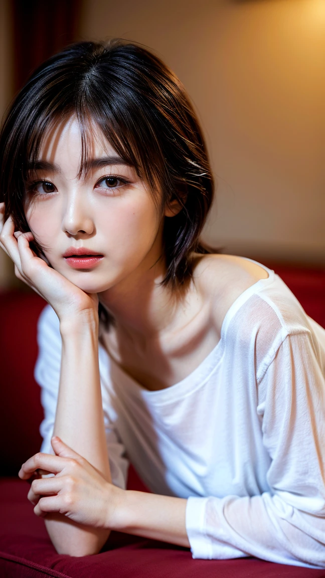 (Petite Girls, 1 girl, Large Breasts, Medium Bob Hair, White T-shirt, panties), Fair-skinned, Glossy Lips, skinny, Body Type, Delicate and sexy collarbone, Highest quality, RAW Photos, Realistic, face, Incredibly beautiful girl, cute, Depth of the written border, High resolution, 超detailed, detailed, Very detailed, extremely detailed eye and face, Sharp pupils, Sharp focus, Cinema Lighting