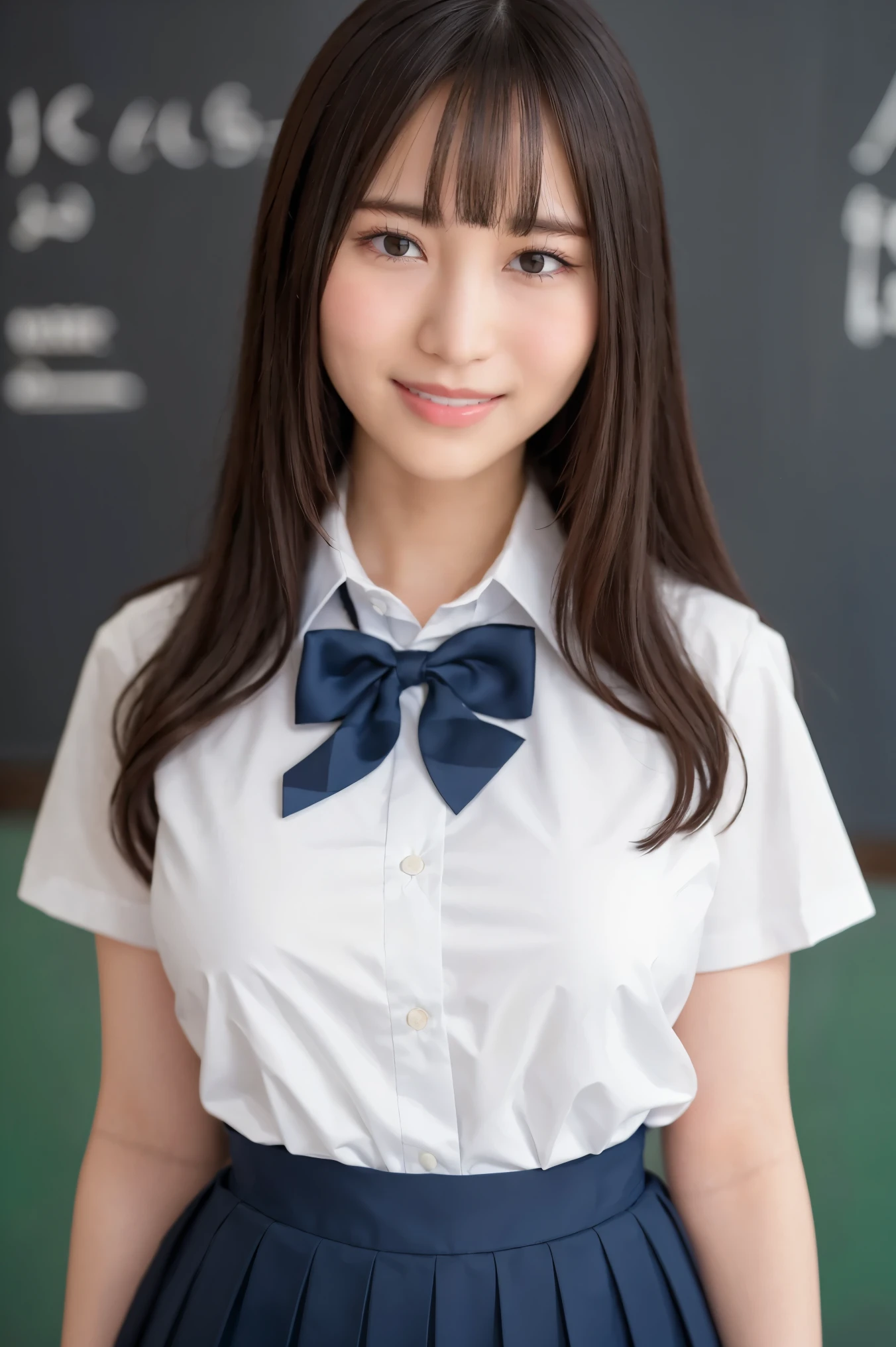 (Highest quality、Tabletop、8k、Best image quality、Award-winning works)、Cute school girl、(White polyester collared shirt:1.1)、(Uniform bow tie on chest:1.1)、(Navy Pleated Skirt:1.1)、Girl portrait photography、Glowing Skin、Standing Elegantly、(Perfectly blurred school classroom background:1.1)、(Classroom large blackboard background:1.2)、(Big Breasts:1.5)、(Accentuate your body lines:1.2)、smile、Smiling with beautiful teeth、(Face close-up:1.4)