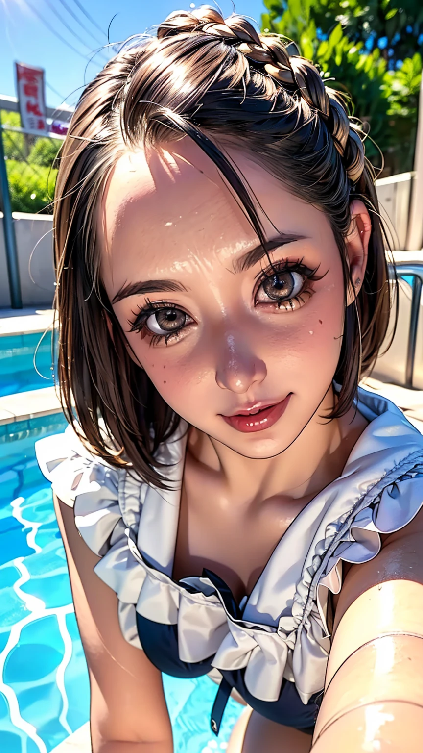 triangle-bikini,(open mouth:1.5),(tongue out:2),Kneeling,handjob,choker,front view,face focus,from above(1girl,Beautiful 14 year old girl,teenager),((Slender,Small breasts,Small face,)),(looking at viewer),Black Hair,bangs,Pool,night,night景,dark,Pink lighting
