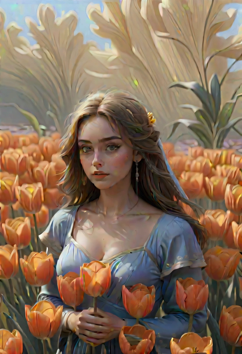 1girl, A field of vibrant tulips, beautiful detailed petals, lush green foliage, serene countryside landscape, warm golden hour lighting, (4k,8k,highres:1.2), ultra-detailed, HDR, UHD, studio lighting, ultra-fine painting, sharp focus, physically-based rendering, extreme detail description, professional, vivid colors, landscape, natural lighting, scenic, idyllic, masterpiece, best quality, very aesthetic, absurdres