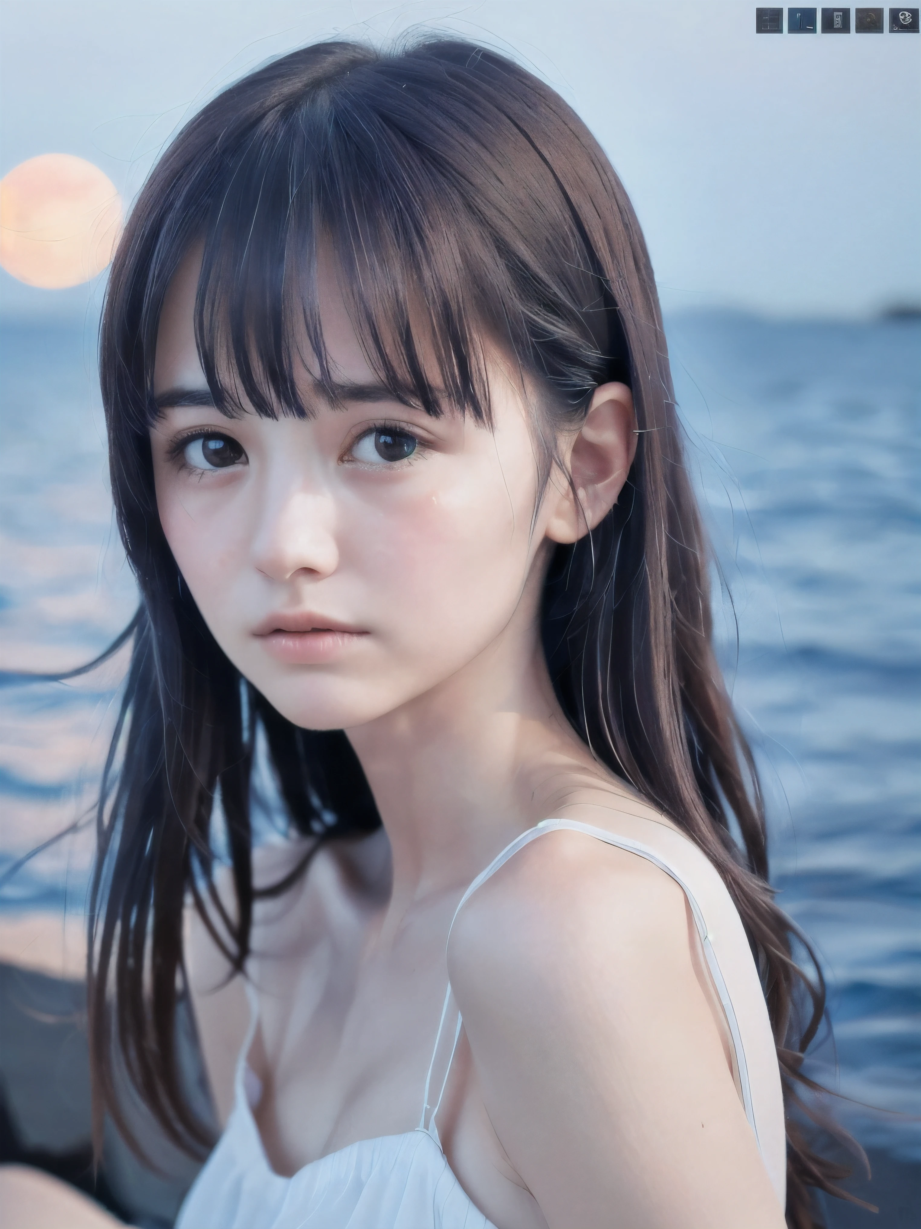 (Close up face shot of slender small-breasted half up brown long hair with bangs girl wearing a white summer dress:1.5)、(One girl is crying with tears at the cape of the sea in Japan:1.5)、(Beautiful midnight with full moon on the sea:1.5)、(blurred background:1.5)、(Natural light:1.5)、(8k ultra detailed master piece:1.5)、(perfect anatomy:1.5)、(Photorealistic stick:1.5)、(Raw photo:1.3)、(highest quality:1.5)、(High resolution:1.3)、(Delicate and beautiful perfect face:1.3)、(Delicate and beautiful eye air skin:1.3)、(Real Human Skin:1.3)、((thin legs))