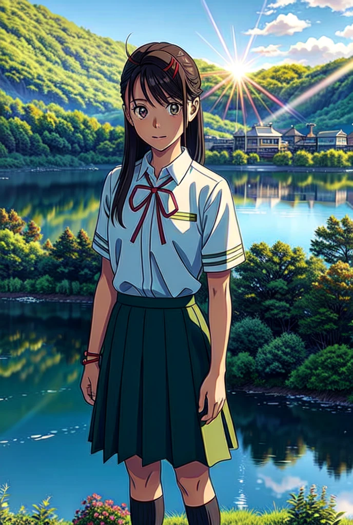 suzu_me, 1 girl, solo, (standing), (looking at viewer:1.2),upper body, brown eyes, black hair, hairclip, single drill, red ribbon, short sleeves school uniform,(green school skirt), outdoors,(light rays:1.2),(sun:1.2),(blue sky:1.1), park,(flowers:1.1),(lake:1.2),(mountains:1.2),(city:1.2),lawn,trees,from above,