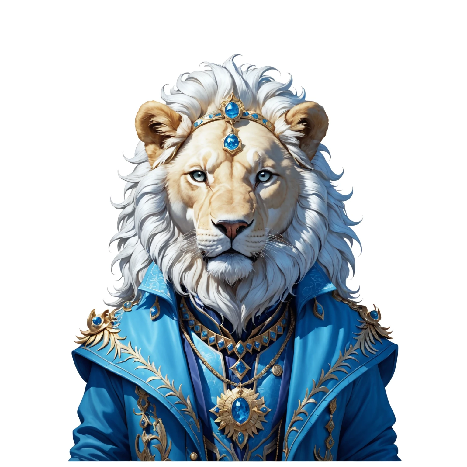there's a lion with a blue coat and a golden crown, Aslam, The lion, portrait of the magical blond prince, Majestade em roupas nobres, Roaring Blue Lion. majestic, wearing a dead lion costume jacket, dominant with white and blue colors, official character illustration, lionardo davinchi, retrato de barbatana wildcloak, like an Atlantean, hyperdetailed fantasy character
