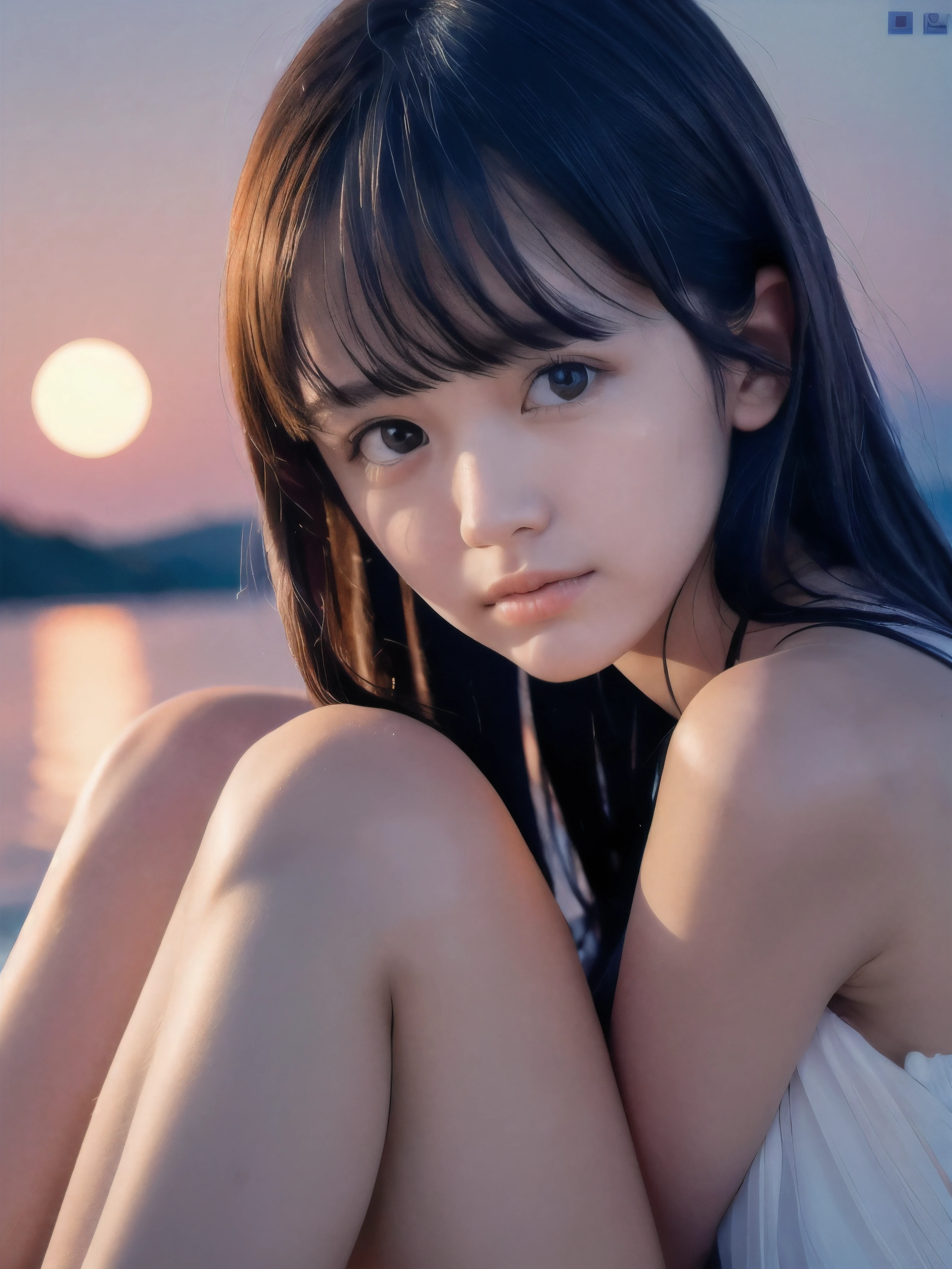 (Close up face shot of slender small-breasted dark silver long hair with swept bangs girl wearing a white summer dress:1.5)、(One girl is crying with tears at the cape of the sea in Japan:1.5)、(Beautiful midnight with full moon on the sea:1.5)、(blurred background:1.5)、(Natural light:1.5)、(8k ultra detailed master piece:1.5)、(perfect anatomy:1.5)、(Photorealistic stick:1.5)、(Raw photo:1.3)、(highest quality:1.5)、(High resolution:1.3)、(Delicate and beautiful perfect face:1.3)、(Delicate and beautiful eye air skin:1.3)、(Real Human Skin:1.3)、((thin legs))