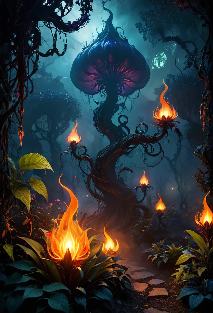 Best quality, high-res, masterpiece:1.2, ultra-detailed, realistic:1.37, horror, flaming magic, otherworldly plants, burning flames, luminous foliage, enchanted garden, mystical atmosphere, sinister shadows, haunting beauty, eerie glow, intense colors, dark aura, unearthly vines, fiery tendrils, dancing embers, alien landscape, ethereal flowers, magical energy, surreal scenery, shadowy figures, mysterious creatures, spellbinding illumination, unnatural growth, ominous presence, smoky haze, flickering light, spectral glow, intense heat, whispering flames, supernatural powers, glowing orbs, mystic spell, eerie ambiance, otherworldly beauty, spectral plants, transcendent vision