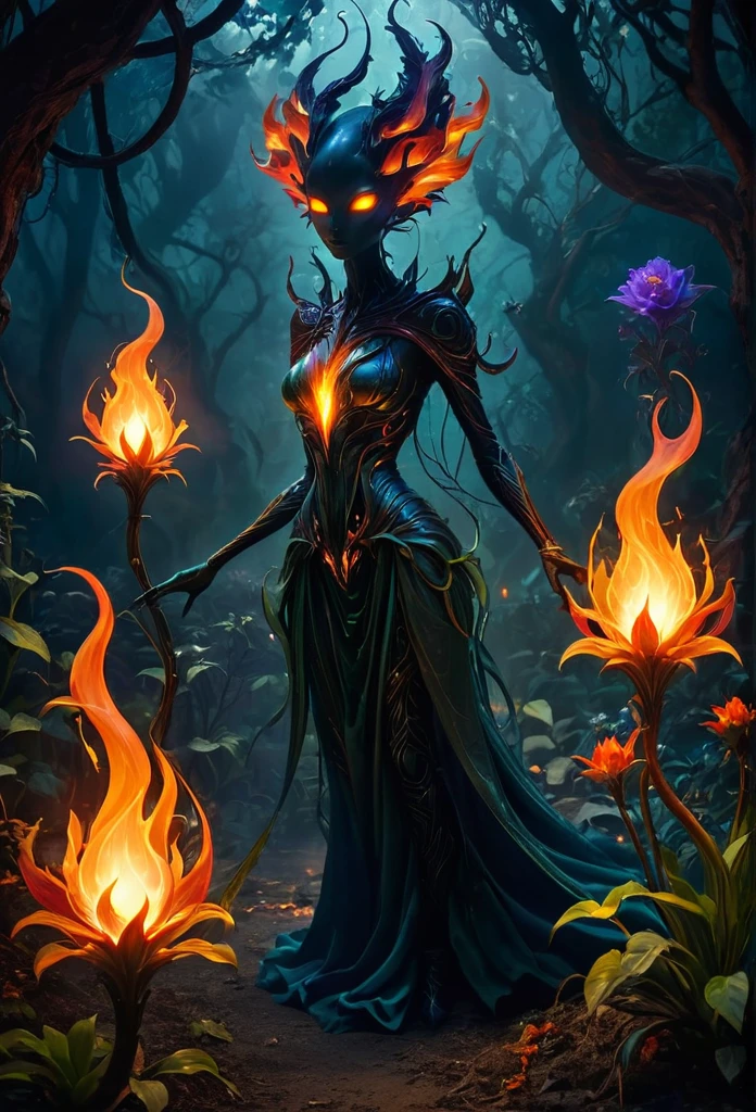 Best quality, high-res, masterpiece:1.2, ultra-detailed, realistic:1.37, horror, flaming magic, otherworldly plants, burning flames, luminous foliage, enchanted garden, mystical atmosphere, sinister shadows, haunting beauty, eerie glow, intense colors, dark aura, unearthly vines, fiery tendrils, dancing embers, alien landscape, ethereal flowers, magical energy, surreal scenery, shadowy figures, mysterious creatures, spellbinding illumination, unnatural growth, ominous presence, smoky haze, flickering light, spectral glow, intense heat, whispering flames, supernatural powers, glowing orbs, mystic spell, eerie ambiance, otherworldly beauty, spectral plants, transcendent vision