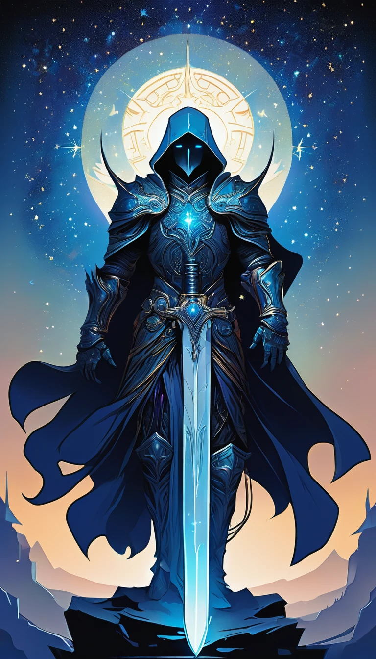 fantasy border, tall man with short black hair and white eyes, he is a dark mysterious paladin, his glowing blue greatsword is on his back, background of stars, night sky background, good anatomy, dynamic pose, good proportions, modern style, vector, highly detailed, intricate, masterpiece, realistic, professional, Dark Fantasy, d&d, (centered), (well framed), vector-art, gradient color, detailed, realistic, professional art masterpiece, (Art Nouveau), Illustration by Alphonse Mucha, (vector-art:1.1) Negative prompt