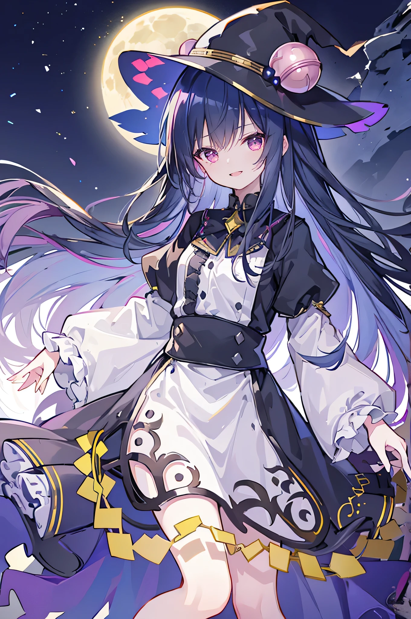 oung Girls,Humanity,A magician always smiles,big witch hat,cute,dark blue long hair,The eyes are dull,The bangs are heavy,Thin eyebrows,fantasy,intake,Double teeth,Star Theme,Constellation pattern,Solid color clothetal decoration,cloak,A bit of a dark atmosphere,A little crazy smile,When the big moon shines outside at night,blood,Hair black star embellishment,Short tie,No nails,High waist skirt,Bell sleeves,Long-sleeved shirt,Black tie,low risk,gentlemen。Mist、Yellow and white effect，Shocking pink as an accent color