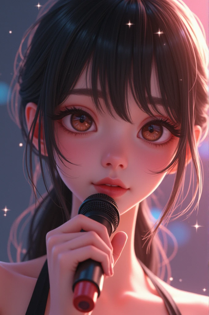 (masterpiece:1.3), High resolution, Super detailed, Highly detailed CG Unity 8k wallpaper, Realistic, photo-Realistic, RAW Photos, Beautifully detailed face, Pale skin, Realistic glistening skin, Detailed cloth texture, Detailed hair texture, Perfect body, Beautiful Face, Accurate, Anatomically correct, Highly detailed face and skin texture, Natural neck length, (Beautiful Hands), (Fair skin:1.1), (Good teeth alignment:1.1), (Sweaty skin:1.2), BREAK, Fine grain, Symmetrical eyes, Light brown eyes, double eyelid, Thin eyebrows, (Glossy Lips:1.4), ((A face waiting for a kiss:1.2)), (blush:1.1), (Sparkly little hair accessories:1.1), (Beautiful smile:1.1), (Holding a microphone:1.3), BREAK, (An elegant and cute 15-year-old junior idol:1.3), (nude, nsfw, Very erotic nipples:1.4), baby face, BREAK, small breast, Slim figure, Toned Abs, ((Half Up, Black Hair, bangs:1.2)), (Cowboy Shot:1.2), (View your viewers), Cowboy Shot, From above, BREAK, (Singing on stage:1.3),Harajuku、20 years girl、Cute、Sexy shot looking at camera