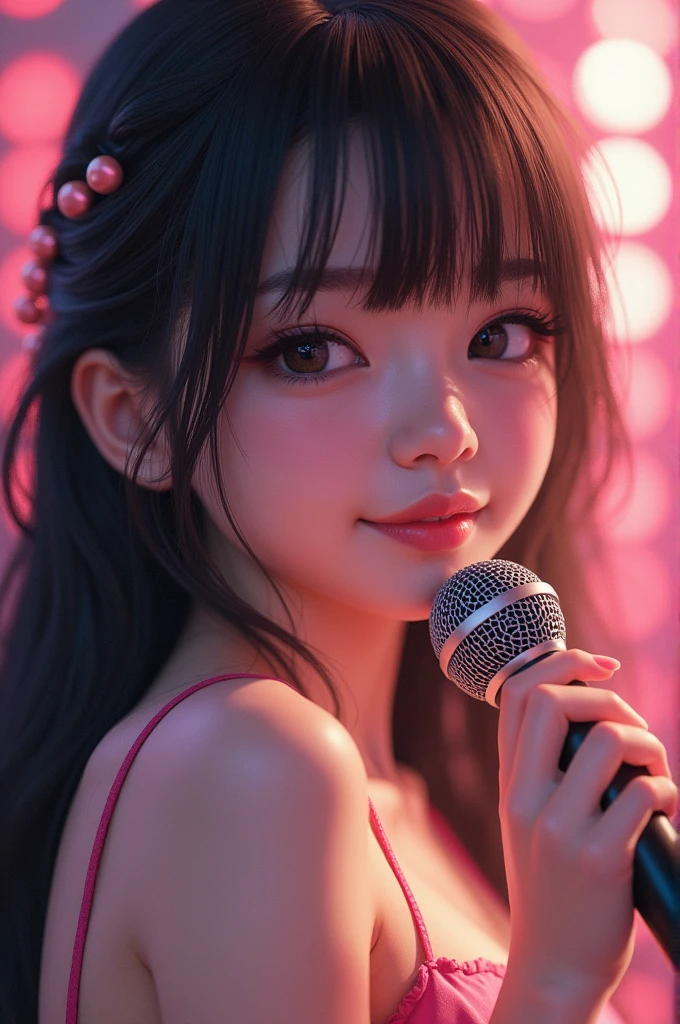 (masterpiece:1.3), High resolution, Super detailed, Highly detailed CG Unity 8k wallpaper, Realistic, photo-Realistic, RAW Photos, Beautifully detailed face, Pale skin, Realistic glistening skin, Detailed cloth texture, Detailed hair texture, Perfect body, Beautiful Face, Accurate, Anatomically correct, Highly detailed face and skin texture, Natural neck length, (Beautiful Hands), (Fair skin:1.1), (Good teeth alignment:1.1), (Sweaty skin:1.2), BREAK, Fine grain, Symmetrical eyes, Light brown eyes, double eyelid, Thin eyebrows, (Glossy Lips:1.4), ((A face waiting for a kiss:1.2)), (blush:1.1), (Sparkly little hair accessories:1.1), (Beautiful smile:1.1), (Holding a microphone:1.3), BREAK, (An elegant and cute 15-year-old junior idol:1.3), (nude, nsfw, Very erotic nipples:1.4), baby face, BREAK, small breast, Slim figure, Toned Abs, ((Half Up, Black Hair, bangs:1.2)), (Cowboy Shot:1.2), (View your viewers), Cowboy Shot, From above, BREAK, (Singing on stage:1.3),Harajuku、20 years girl、Cute、Sexy shot looking at camera