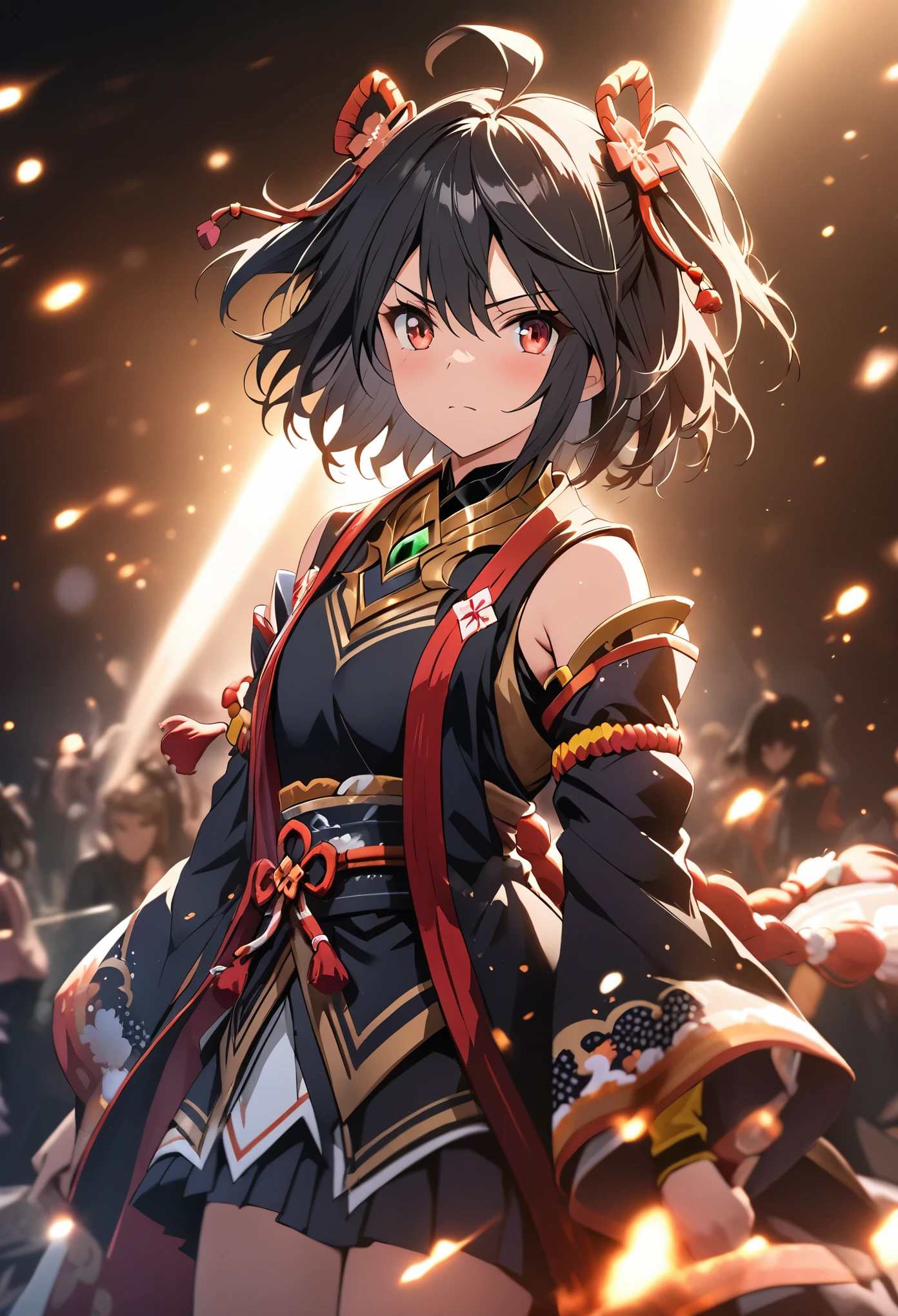 masterpiece, best quality, extremely detailed CG unity 8k wallpaper, A character from the anime Uma Musume. Precise illustration of Kitasan Black, Serious face, Light effects, Lightning effect, The background is dark and the light of the spotlight, Motion Blur, Depth of written boundary, Cinema Lighting, bokeh photography, (soft focus):1.2, out-of-focus highlights, dreamy ambiance, glowing circles, mesmerizing depth