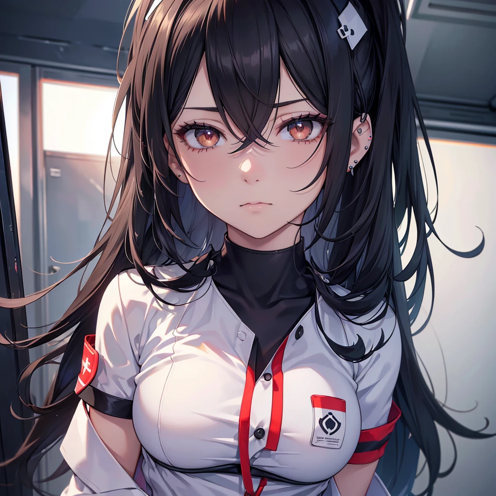 a nurse with long dark hair, piercing gaze, and a stern expression, no cap, full body view, high resolution, detailed, anime-style illustration, beautiful black hair, almond-shaped eyes, brown eyes, looking down with an intense, psychotic demeanor, large breasts, no piercings, (best quality,4k,8k,highres,masterpiece:1.2),ultra-detailed,(realistic,photorealistic,photo-realistic:1.37)