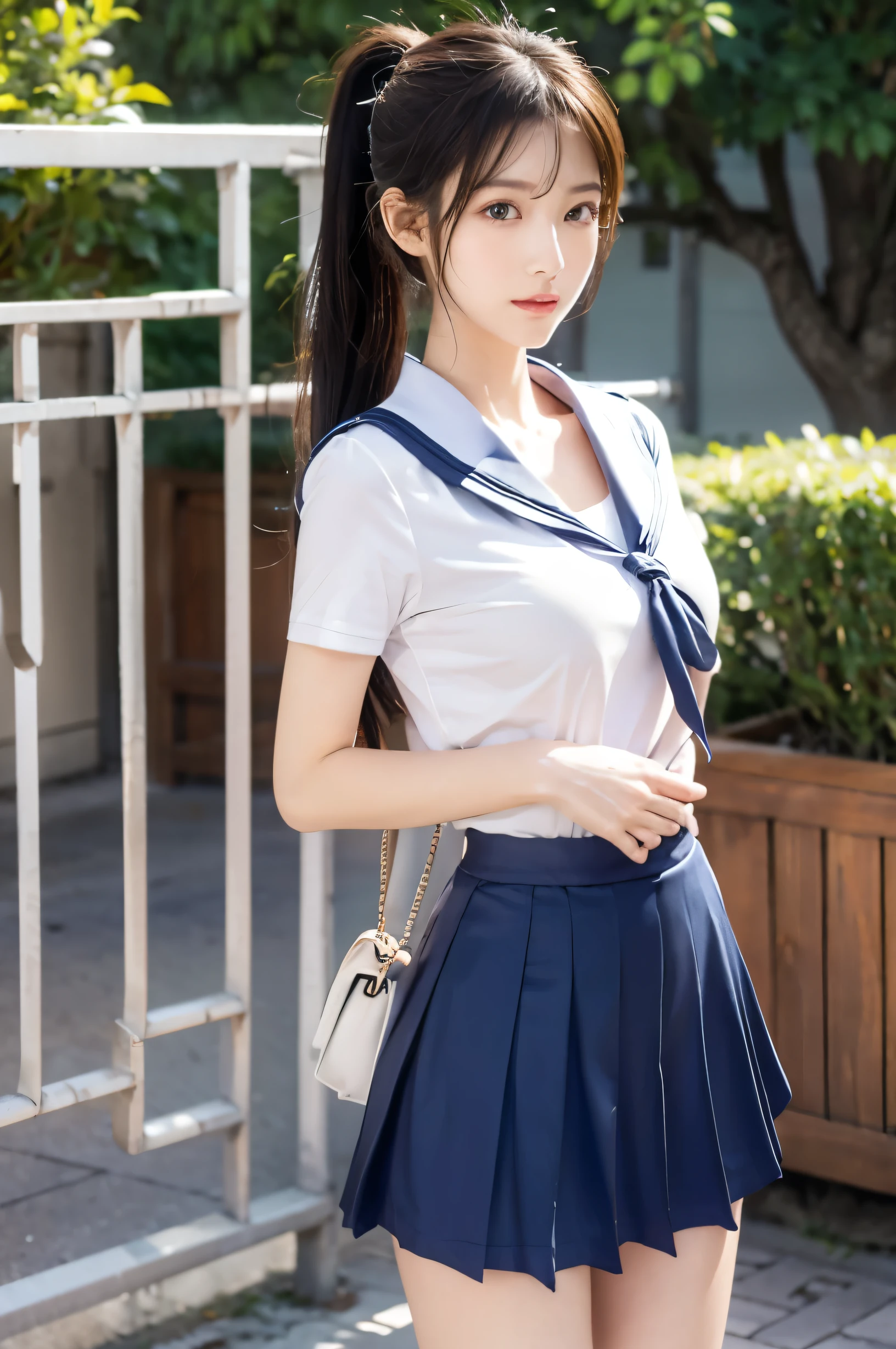 (Ultra HD), (Short sleeve:1.8, Length:0.8, Sailor suit, Navy blue mini skirt), Big Breasts, slender, Narrow waist, whole body, Standing posture, (Clean and shiny skin, Whitening, No makeup), (Super slim face, Super beautiful face), (ponytail, Layered Cut, Fluffy hair), (double eyelid, Slanted Eyes), Small Nose, Thin lips, Thin legs, In front of the school gate, evening