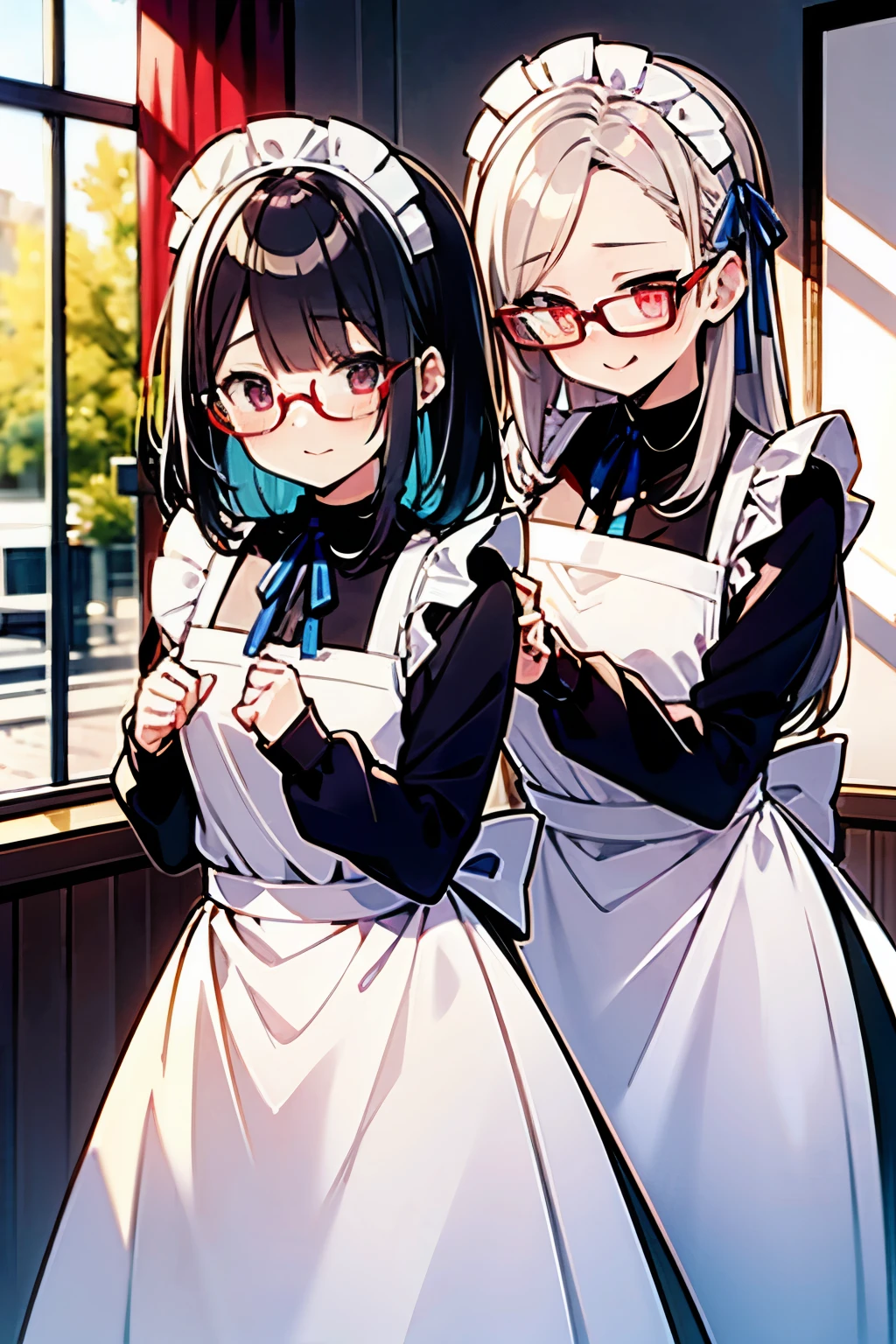 Two maids, long skirt, white apron, white frills, long hair, straight, purple, neck, blue ribbon, red eyes, shy, glasses, long sleeves
