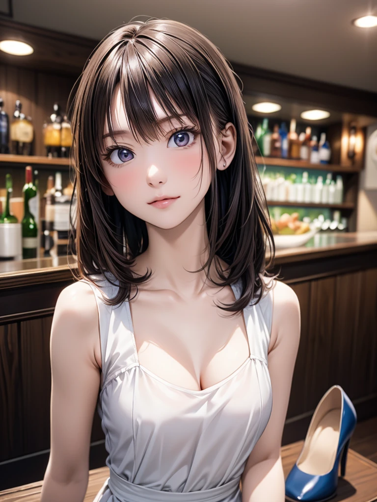 (masterpiece:1.3),(best quality, highest quality),((Full Body Shot,Including face)),4K,masterpiece,((Focus on the face)),((Symmetrical facial features)),Beautiful woman,(slender),((High heels)),Detailed depiction of the face,In front of the bar counter,profile,slenderな女性,Age 25,(((One cute woman))),Focus on the upper body