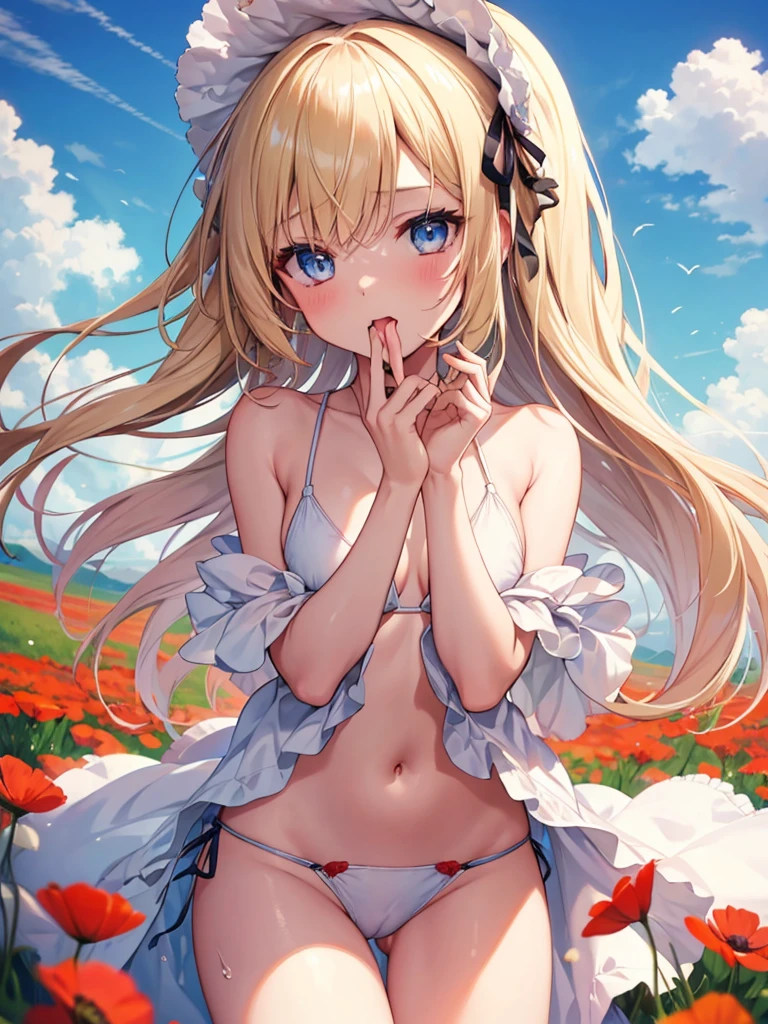 One girl, alone, elegant hair (whole body: 1.1), (Looking at the audience: 1.1), Young African Boy, Tight tiny bikini, Wild poppies swaying in the wind, movie , sweet_ta, Highest quality, masterpiece, Blonde, blue eyes. Open your mouth,,Exquisite mouth,((Ejaculation in the mouth)),Delicate,mouth,Highly detailed face,blush,Shiny wet skin,Normal tongue,Don't stick out your tongue,Pink Lips,Delicate lips, ((All over the face, mouth and cheeks))