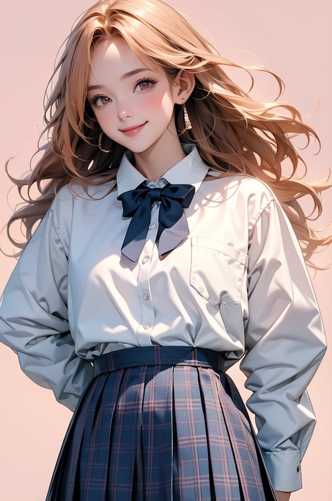 high resolution,smile,happy,light smile,woman,woman1人,adult,Clear,cute, Orange Hair,Braided Hair,BREAK, Light brown eyes,BREAK,wavy hair,long hair,blunt bangs,BREAK, high school girl,uniform,White Y-shirt,Long sleeve Y-shirt,BREAK, Dark blue plaid skirt,Pleated skirt,BREAK, Facing forward,BREAK,Pink background,