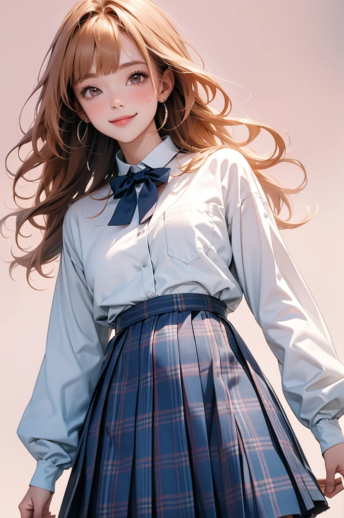 high resolution,smile,happy,light smile,woman,woman1人,adult,Clear,cute, Orange Hair,Braided Hair,BREAK, Light brown eyes,BREAK,wavy hair,long hair,blunt bangs,BREAK, high school girl,uniform,White Y-shirt,Long sleeve Y-shirt,BREAK, Dark blue plaid skirt,Pleated skirt,BREAK, Facing forward,BREAK,Pink background,