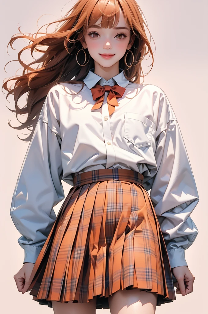 high resolution,smile,happy,light smile,woman,woman1人,adult,Clear,cute, Orange Hair,Braided Hair,BREAK, Light brown eyes,BREAK,wavy hair,long hair,blunt bangs,BREAK, high school girl,uniform,White Y-shirt,Long sleeve Y-shirt,BREAK, Dark blue plaid skirt,Pleated skirt,BREAK, Facing forward,BREAK,Pink background,
