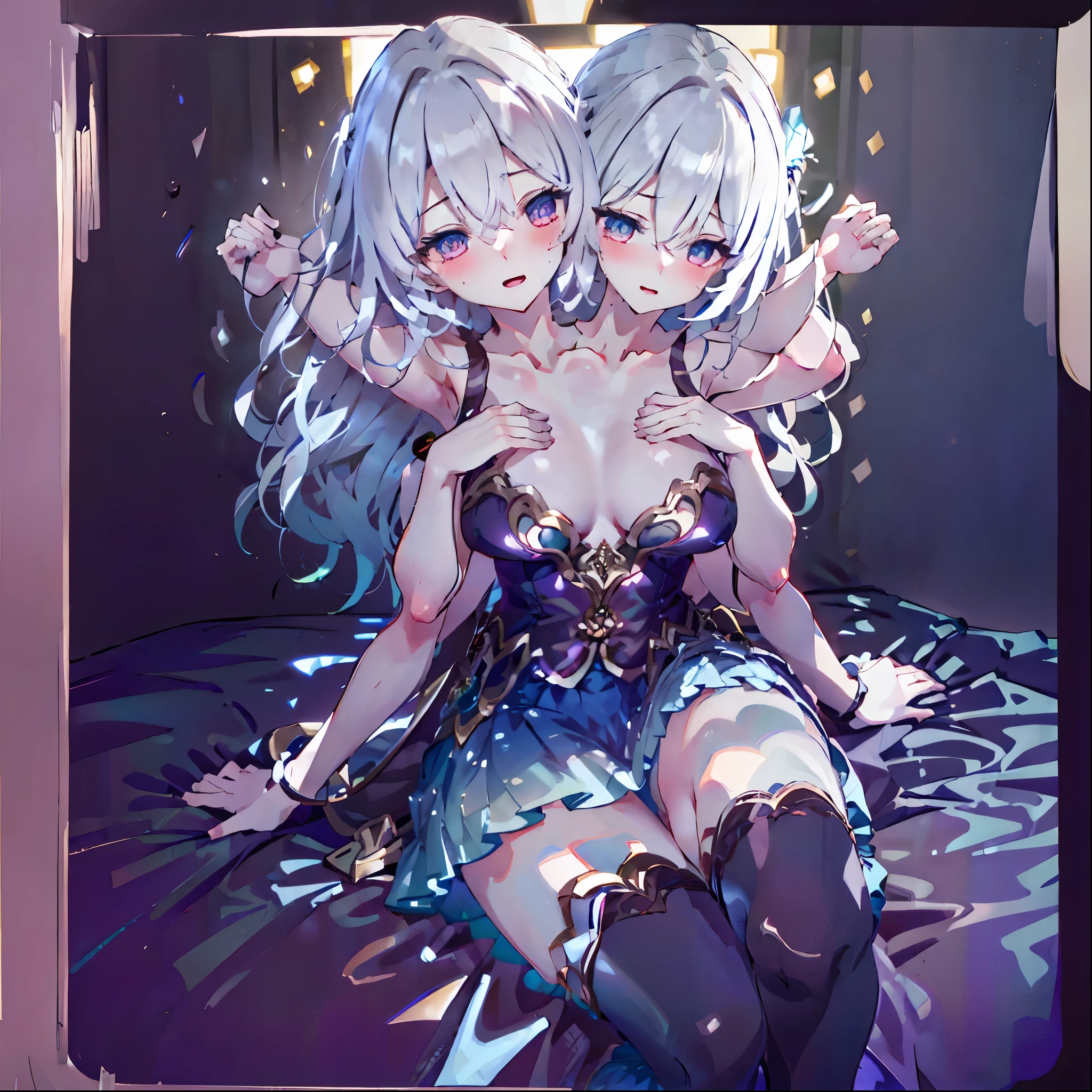 Masterpiece,best quality,best resolution,1 woman,2 heads,details,Firefly character,long gray hair,hair accessories,Blue and purple gradient eyes,blushing,Wearing a white dress with a black cloth draped over the shoulders with a gold pattern and long white sleeves.(blue cloth chest),wearing a long blue skirt,Wear long blue socks.,normal breasts,lying on the bed,bedroom background,conjoined twins,Beautiful face,Beautiful hair,beautiful eyes,beautiful body,beautiful hands , open mouth, smile, be happy, Arms separated, arm circle, (Put your hands on your head...), (lower hand on ankle), (lower hand on leg), Full content in the frame, full body view, (four arms),(Multi-arm),(many hands), Slim shape