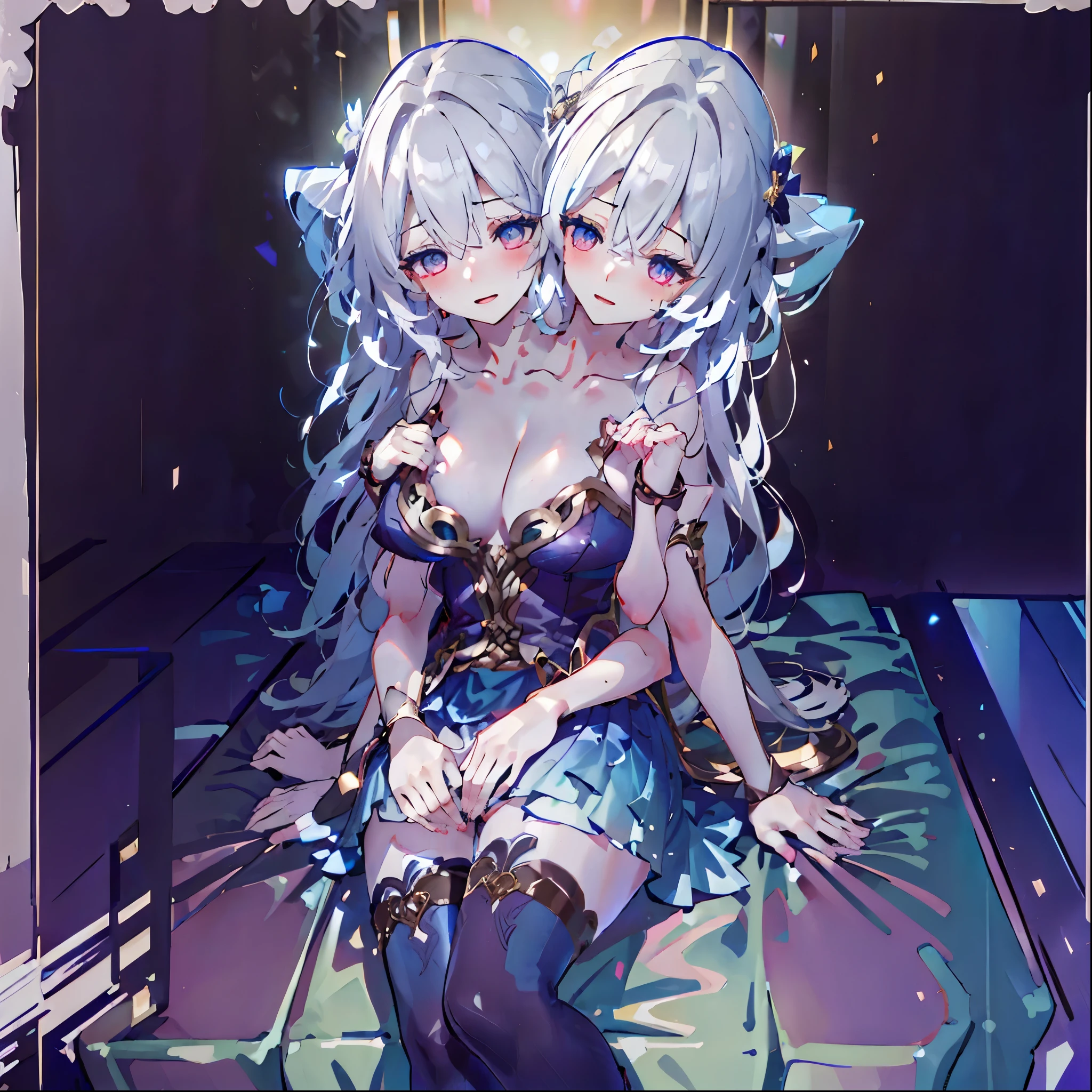 Masterpiece,best quality,best resolution,1 woman,2 heads,details,Firefly character,long gray hair,hair accessories,Blue and purple gradient eyes,blushing,Wearing a white dress with a black cloth draped over the shoulders with a gold pattern and long white sleeves.(blue cloth chest),wearing a long blue skirt,Wear long blue socks.,normal breasts,lying on the bed,bedroom background,conjoined twins,Beautiful face,Beautiful hair,beautiful eyes,beautiful body,beautiful hands , open mouth, smile, be happy, Arms separated, arm circle, (Put your hands on your head...), (lower hand on ankle), (lower hand on leg), Full content in the frame, full body view, (four arms),(Multi-arm),(many hands), Slim shape