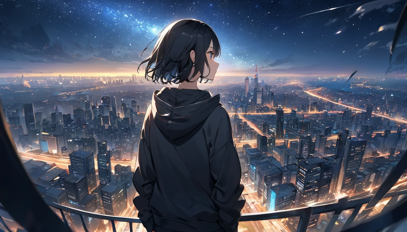 Starry Sky、One woman、Black Hair、Short Hair、Hair blowing in the wind、Wearing a hoodie、Back view、Full body portrait、Overlooking the city from afar