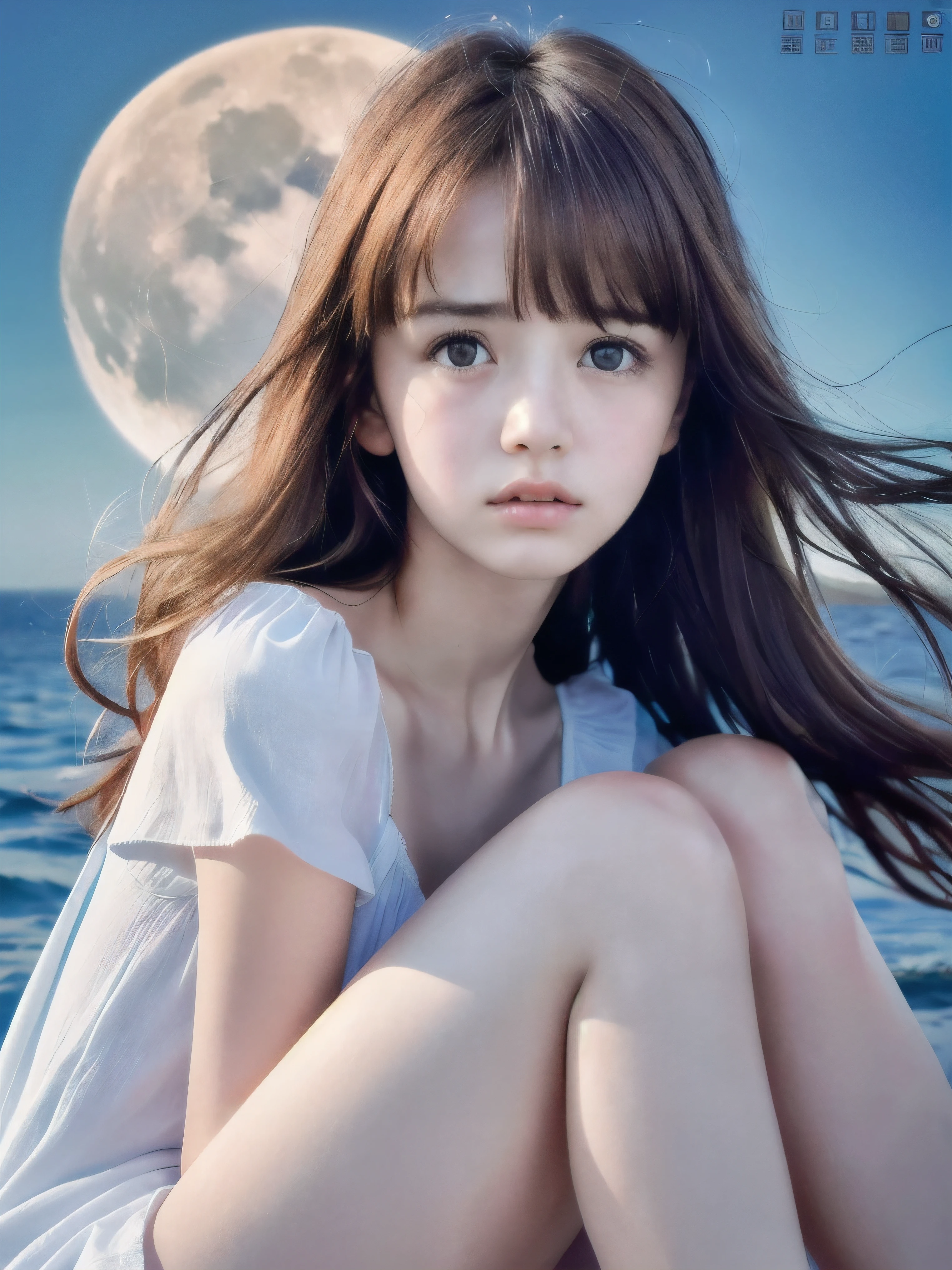 (Close up face shot of slender small-breasted red brown wavy long hair with dull bangs girl wearing a white summer dress:1.5)、(One girl is crying face with tears at the cape of the sea in Japan:1.5)、(Beautiful midnight with full moon on the sea:1.5)、(blurred background:1.5)、(Natural light:1.5)、(8k ultra detailed master piece:1.5)、(perfect anatomy:1.5)、(Photorealistic stick:1.5)、(Raw photo:1.3)、(highest quality:1.5)、(High resolution:1.3)、(Delicate and beautiful perfect face:1.3)、(Delicate and beautiful eye air skin:1.3)、(Real Human Skin:1.3)、((thin legs))