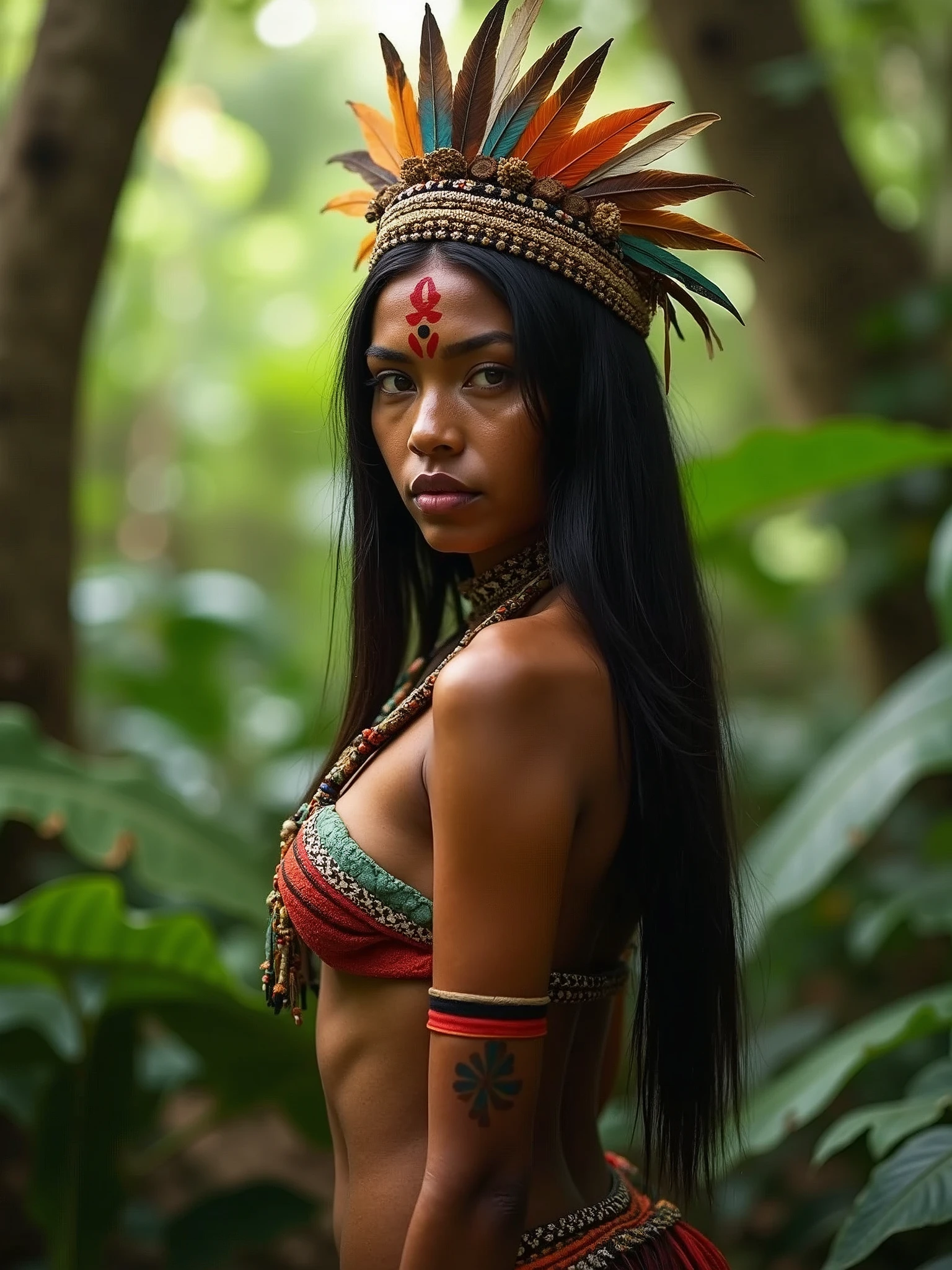 Generate a photo of a 24-year-old Native American woman named Aiyana, living in the jungle. She has long, glossy black hair tied with woven bands, warm sun-kissed brown skin, and deep brown eyes. She wears natural-material clothing adorned with beads and feathers. She looks brave, resourceful, and compassionate, embodying a strong connection to the jungle and its creatures. Her clothing should be traditional and practical, suitable for navigating the dense jungle. Include elements that show her knowledge of medicinal plants and tracking skills.