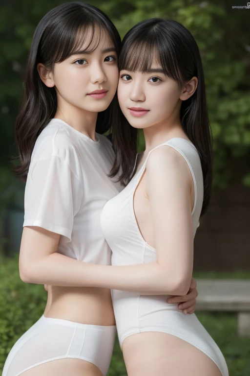 Two girls standing in a schoolyard with cherry blossoms in full bloom,bangs,Sad expression,Thighs,knees,From below,Front light,,Short hair with bangs、Short straight bob hair、 ((Long white silk camisole、She is naked and wearing only a white camisole, White panties))、(slim)、((Are standing、White pantiesがスカートから見えています、Lift the hem of your skirt slightly with both hands.))、((Two people hugging each other closely、Two people kissing、Two people sticking out their tongues))