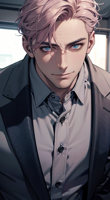(best quality,4k,8k,highres,masterpiece:1.2),ultra-detailed,(realistic,photorealistic,photo-realistic:1.37),1 man,31 years old,mature man,very handsome,without expression,smile,short grey pink hair,blue eyes,penetrating gaze,perfect face without errors,imposing posture,businessman,office background,cinematic lighting,hdr image