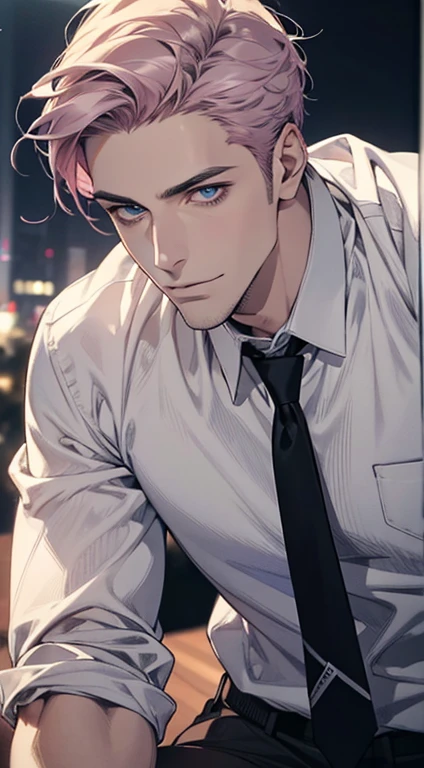 (best quality,4k,8k,highres,masterpiece:1.2),ultra-detailed,(realistic,photorealistic,photo-realistic:1.37),1 man,31 years old,mature man,very handsome,without expression,smile,short grey pink hair,blue eyes,penetrating gaze,perfect face without errors,imposing posture,businessman,office background,cinematic lighting,hdr image