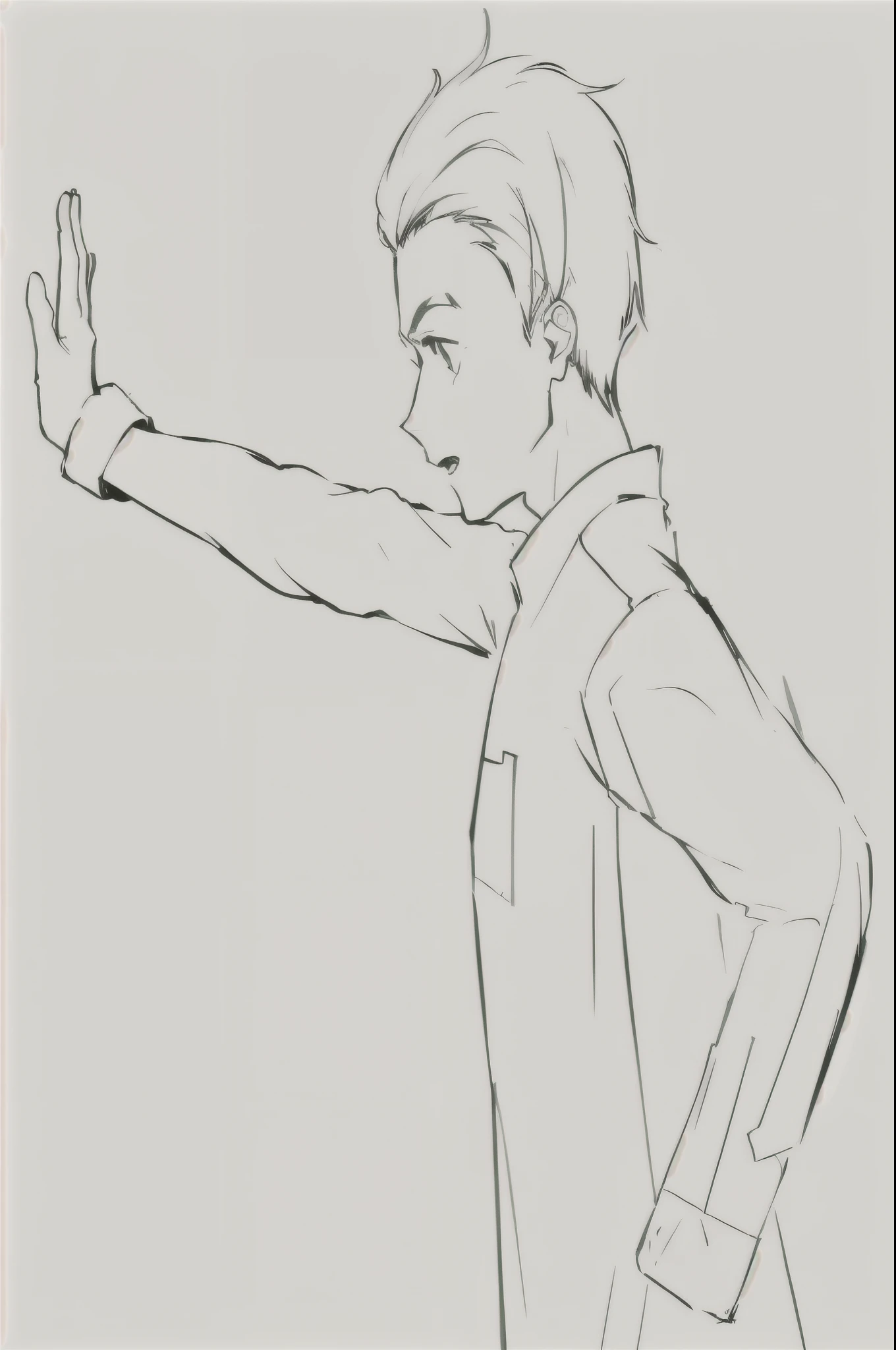 drawing of a man with his hand and arm outstretched, fighting pose, anime pose, beautiful anime pose, clear anime outlines, perfect shading, dynamic perspective pose, attack pose, confident action pose, pose (hands up + happy), shy pose, line drawing!!, clear shading