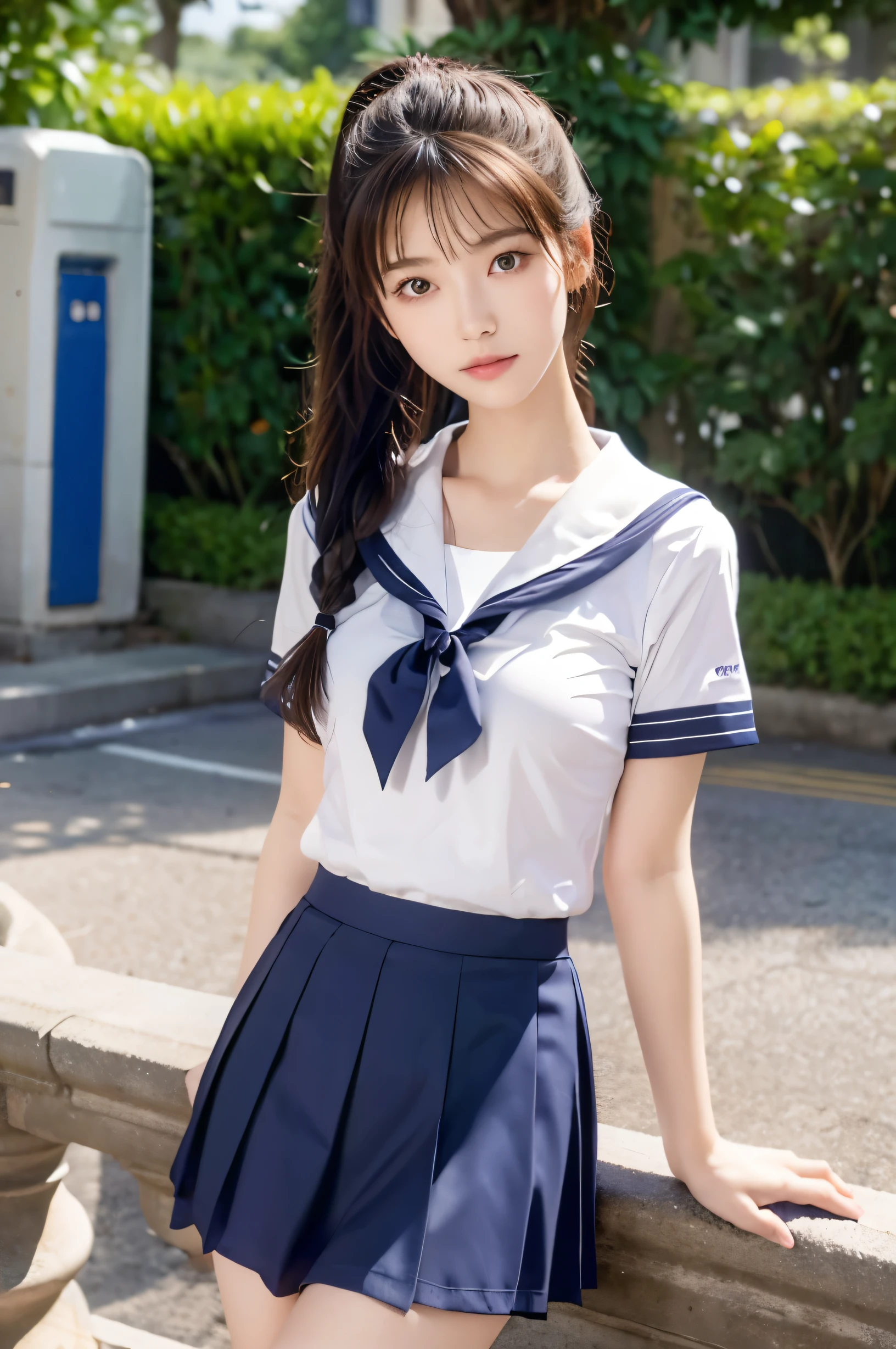 (Ultra HD), (Short sleeve:1.8, Sailor suit, Navy blue mini skirt), Big Breasts, slender, Narrow waist, whole body, Standing posture, (Clean and shiny skin, Whitening, No makeup), (Super slim face, Super beautiful face), (ponytail, Layered Cut, Fluffy hair), (double eyelid, Slanted Eyes), Small Nose, Thin lips, Thin legs, In front of the school gate, evening