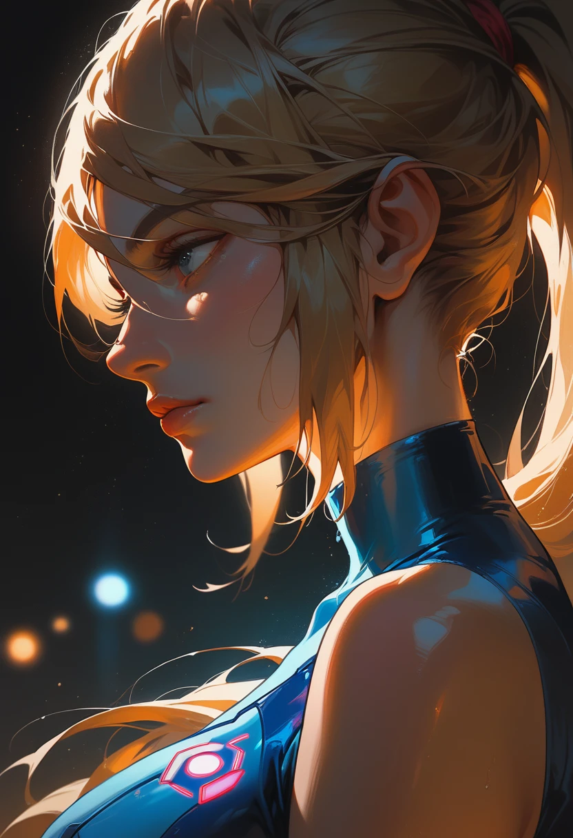 ((masterpiece)), sharp focus, 
1girl, solo, Samus Aran, zero suit, blondie hair, ponytail, volumetric lighting, backlit, dark, night, large breasts, close up, side view, detailing face, detailing body