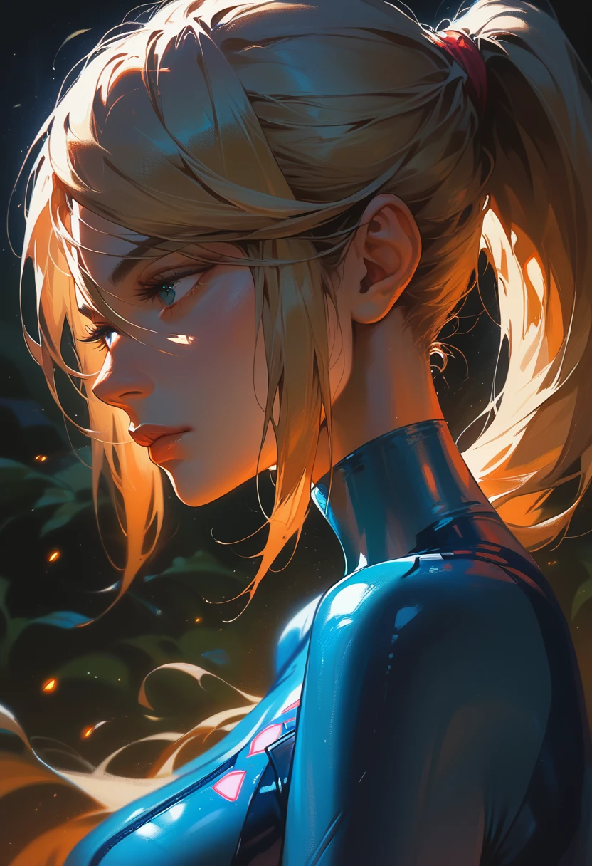 ((masterpiece)), sharp focus,
1girl, solo, Samus Aran, zero suit, blondie hair, ponytail, volumetric lighting, backlit, dark, night, large breasts, close up, side view, detailing face, detailing body