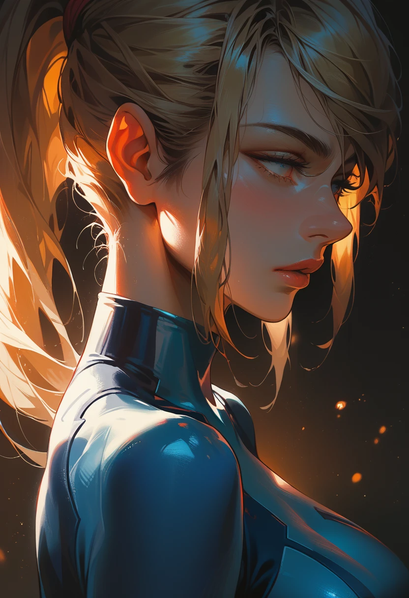 ((masterpiece)), sharp focus, 1girl,solo, Samus Aran, ponytail, blondie hair, large breast, big ass, zero suit, eyes blue (detailed:1.8), dramatic lighting, pretty girl, detailing face, detailing body, source_anime, athletic body, ass, looking on the viewer, torn body suit, angry