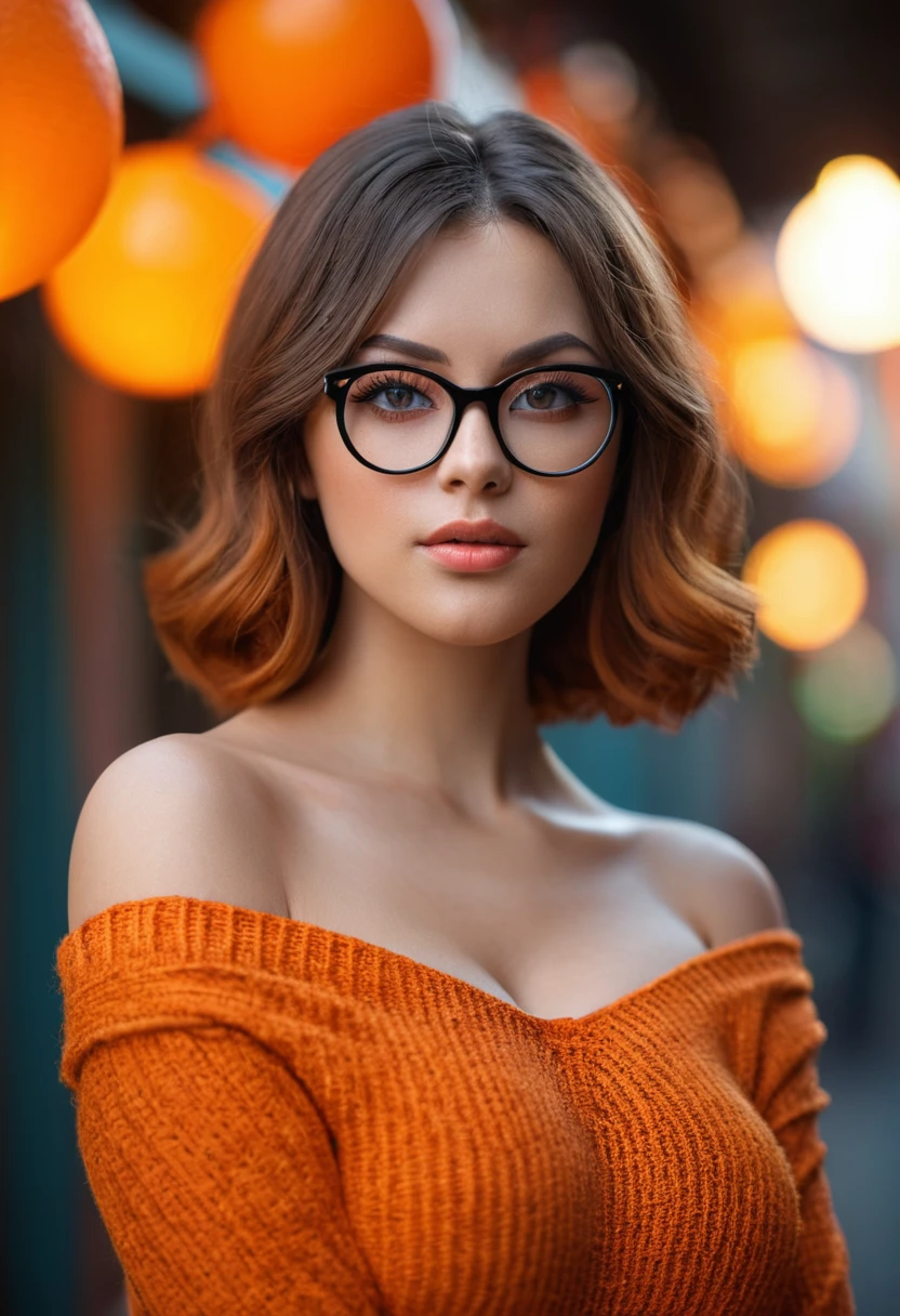professional portrait, very beautiful smart sexy girl, Velma from scooby-doo,wearing eye glasses and an orange off-shoulder sweater top, gorgeous figure, interesting shapes, hyper realistic, ultra detailed photograph, wearing an orange off-shoulder slim sweater, huge breasts, chubby, ultra detailed gorgeous face, natural body posture, captured with a 85mm lens, bokeh, ultra detailed, ultra accurate detailed, bokeh lighting, surrealism, urban settings, ultra unreal engine, intricate, epic, super Clear facial details, 1970's style mood, dark eye makeup, in the style of jessica drossin, dima dmitriev, life-size figures, , vibrant color grading, shallow depth of field, 32K resolution ultra HD. Carl Zeiss lens. Leica camera photo.