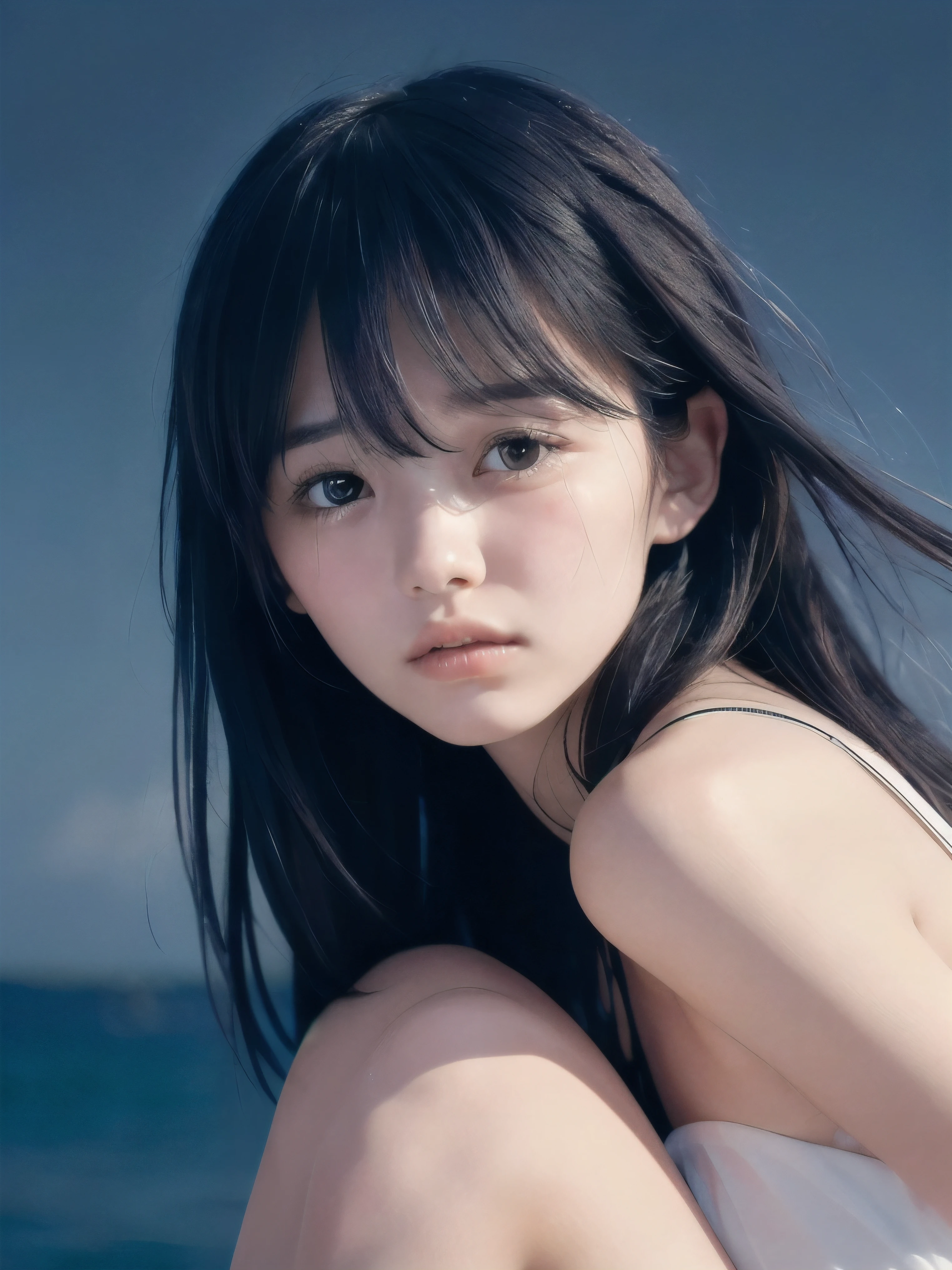 (Close up face shot of slender small-breasted two side up black medium hair with bangs girl wearing a white summer dress:1.5)、(One girl is crying with tears at the cape of the sea in Japan:1.5)、(Darkness midnight with sea:1.5)、(blurred background:1.5)、(Natural light:1.5)、(8k ultra detailed master piece:1.5)、(perfect anatomy:1.5)、(Photorealistic stick:1.5)、(Raw photo:1.3)、(highest quality:1.5)、(High resolution:1.3)、(Delicate and beautiful perfect face:1.3)、(Delicate and beautiful eye air skin:1.3)、(Real Human Skin:1.3)、((thin legs))