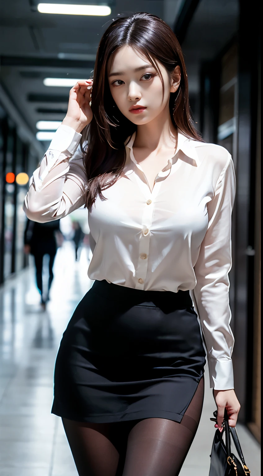 Elegant upper-class elite secretary,Wear a luxurious silk top, Skirts and thighs、27yo、big breasts body 162cm、Take a walk along the hallway、office clothes, (Wear pantyhose,Realistic pantyhose)、working in an office、wearing a strict business suit, Wear high-end heels、 Shirt girl, Wear an elegant shirt, Wear an ultra-thin top, merchant, Shirts and skirts, Wearing a silk shirt, Wear a shirt and skirt, RAW photo, (8K、top-quality、tmasterpiece:1.2)、(intricately details:1.4)、(Photorealsitic:1.4)、octane renderings、Complex 3D Rendering Ultra Detail, Studio soft light, rim lights, vibrant detail, super detailing, realistic skin textures, Detal Face, Beautiful detail eyes, Very detailed CG Unity 16k wallpaper, Make up - up, (detailedbackground:1.2), Bare with thighs!!!,