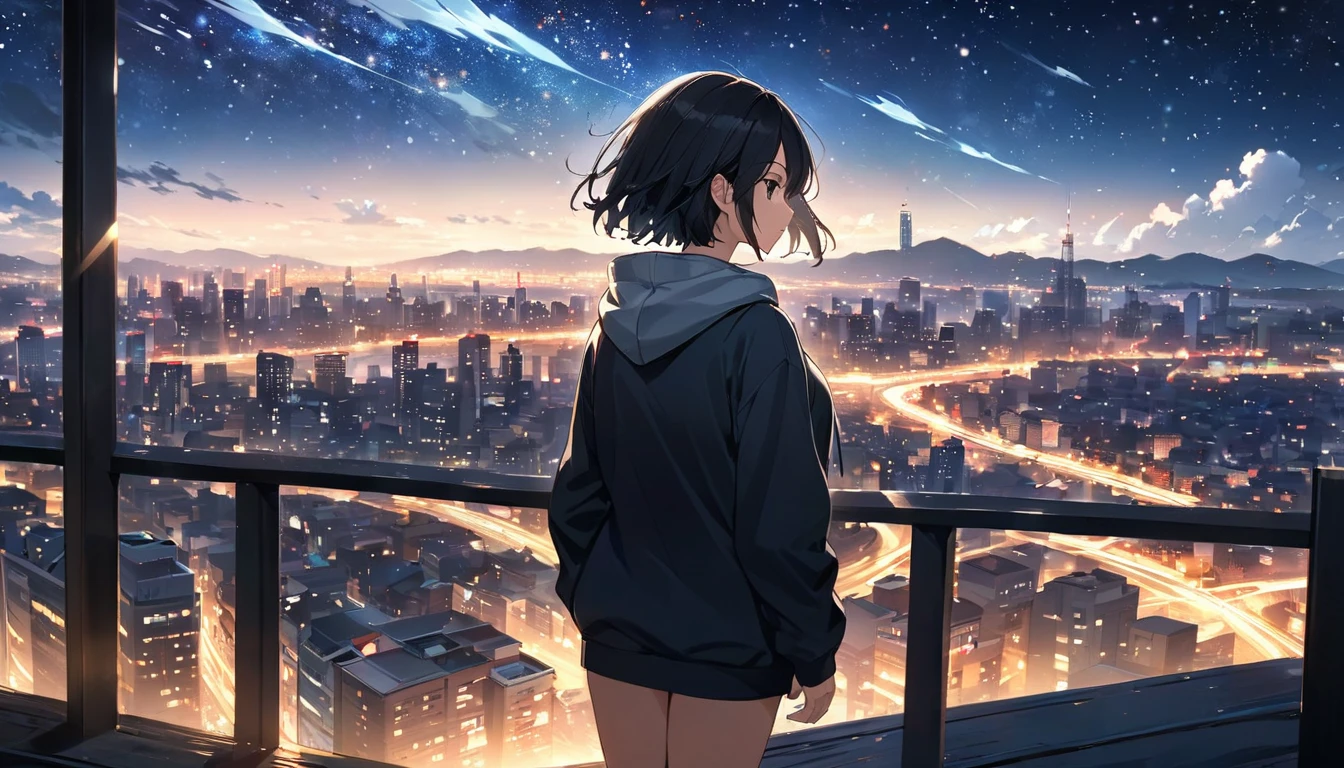 Starry Sky、One woman、Black Hair、Short Hair、Hair blowing in the wind、Wearing a hoodie、Back view、Full body portrait、Overlooking the city from afar