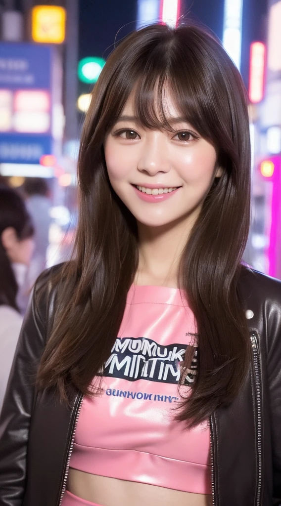 (((Yumikanok))),((Best quality, 8k, Masterpiece :1.3)), 1girl, smiling, full body, slim face, Pretty woman, (Dark brown hair), Thight Leather pink suit,pink short tight skirt, Ultra-detailed face, Detailed eyes, Double eyelid, bokeh background, slim face, night city, neon light,outside, tokyo street,japan