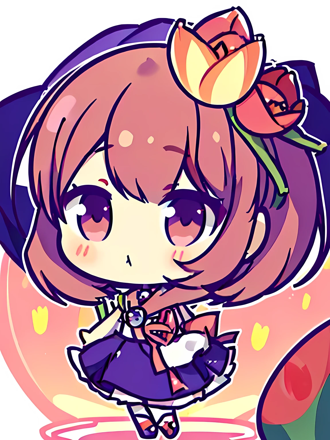 ((masterpiece, best quality, high resolution)), Anime-style images, (((tulips on head:1.4, A single tulip blooms from her head))), white background, simple background, Chibi, Face without a nose:1.4, Half-open eyes, Slightly Big eyes, ((Persona 3 character Yukari Takeba)), Small and cute, 