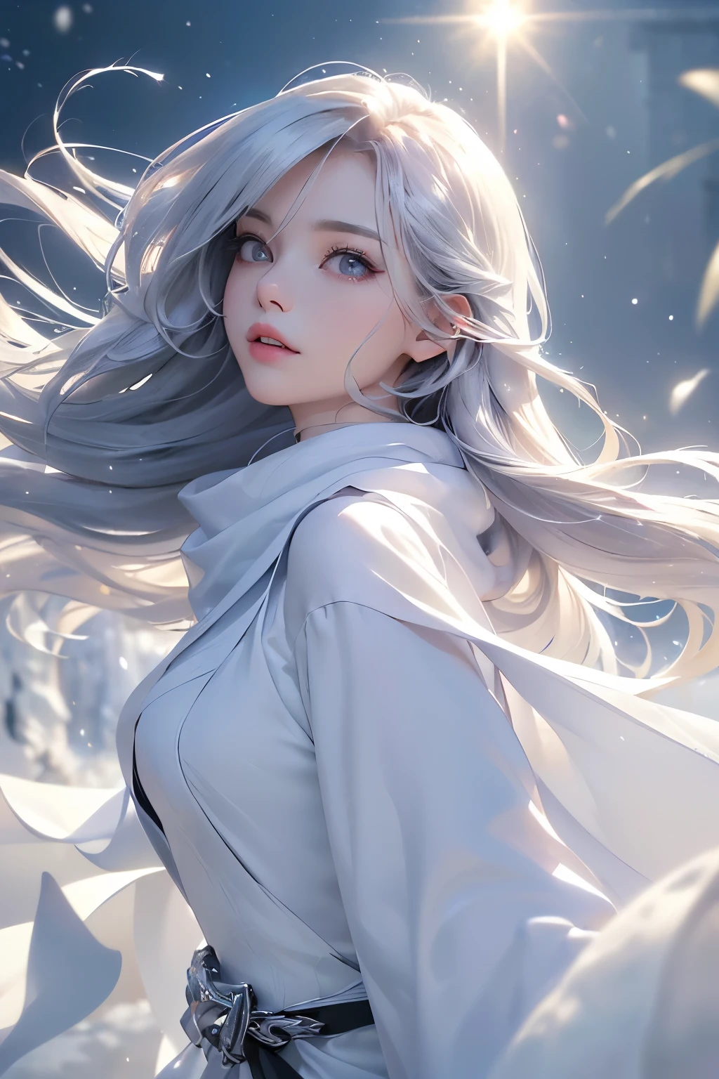 ((masterpiece:1.5、8k、Portraiture、フォトリアリスティックでVery detailedなCG、Very detailed、Particle Effects、Dynamic Effects、Shallow depth of field、Cinematic Light、Lens flare、Ray Tracing、Tabletop、Realistic:1.4、Ultra-high resolution:1.2、Realistic、Realistic))((alone、,オフショルダーのドレスの上にカシミアのcoatを着た女性:1.4、wear a long scarf、White belt、coat、Elegant woman posing、Detailed face、bright表情、young, bright, Whiter skin、small breasts、Best Looks、Ultimate beauty、Shiny silver hair with highlights、bright and shiny hair,、Super long, Silky straight hair、Hair dancing in the wind))(morning、outdoors, winter, snow falling)
