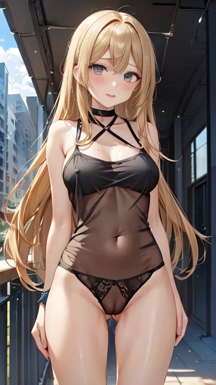 (Highest quality)), ((masterpiece)), (detailed),(((A woman standing in a city with many buildings 1.9)))，19 year old pretty woman，Very sexy，(((Embarrassed expression，Expression of ecstasy 1.5,Blush 1.4）))，Small Face,8-head body line,，A young woman with a slender bodyline，breast size is large，((1 wearing a black see-through camisole up to her chest.4,No bra,Black Panties 1.7)),Wearing black high heels,nsfw1.6,
Beautiful woman，Beautiful Face，Big eyes，Grey Eyes，Beautiful Eyes，Beautiful double eyelids，Beautiful teeth alignment，Beautiful body lines，Slender body，Curved waist,Beautiful Hands，Beautiful legs，Long hands，Long legs，((Long, flowing blonde hair，Shiny blonde hair))，Full Body Shot，Crying face，mouth half open，From below,Beautiful shoulders，Beautiful clavicle，（Sweat all over the body1.8），((Steam 1.4))，humiliation，(((Valley 1.7,Woman with legs spread 1.9))),Love juice flowing down the inside of the thighs,Woman spreading her legs to show her pussy,nsfw1.9