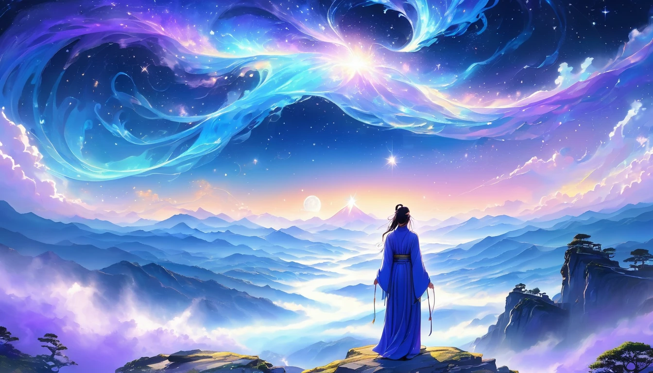 Back view of wise and affectionate woman in ancient costume standing on cliff, Surrounded by swirling currents of cosmic energy，Surrounded by a dreamy mist-shrouded landscape。The figure is wrapped in a flowing robe.，Integrate with the streamlines of heaven and earth。The sky is a tapestry of deep purples and blues，Dotted with stars，The landscape below suggests softness、Rolling mountains，Minimalist koan in the background, From front and center to ghostly smoke, Transition from entity to ghost, Starry sky and clouds in the background, A wise, powerful and calm sense of the universe, glowing eyes, Rich and detailed, Psychedelic style, Dream style, Movie style, Drama style, style, 